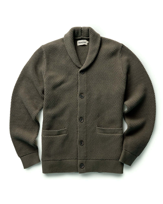 Olive green shawl collar cardigan sweater with button front
