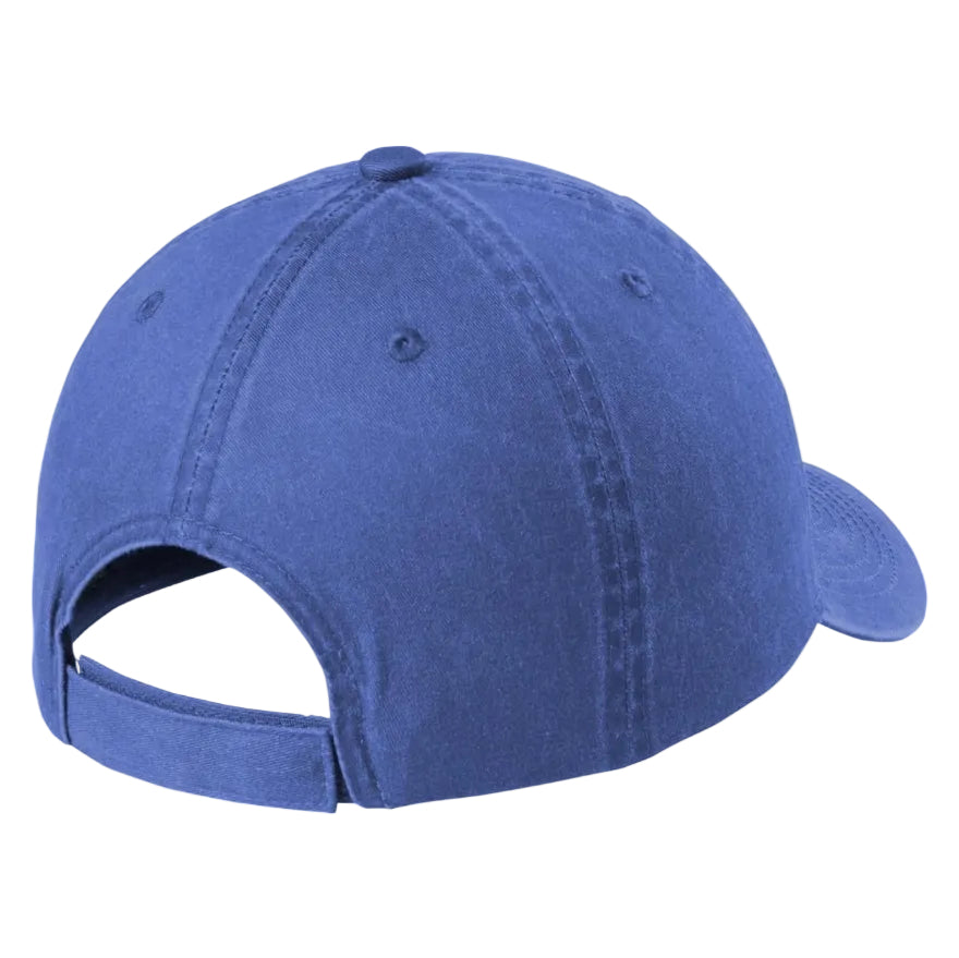 Royal blue baseball cap back view with adjustable hook-and-loop closure