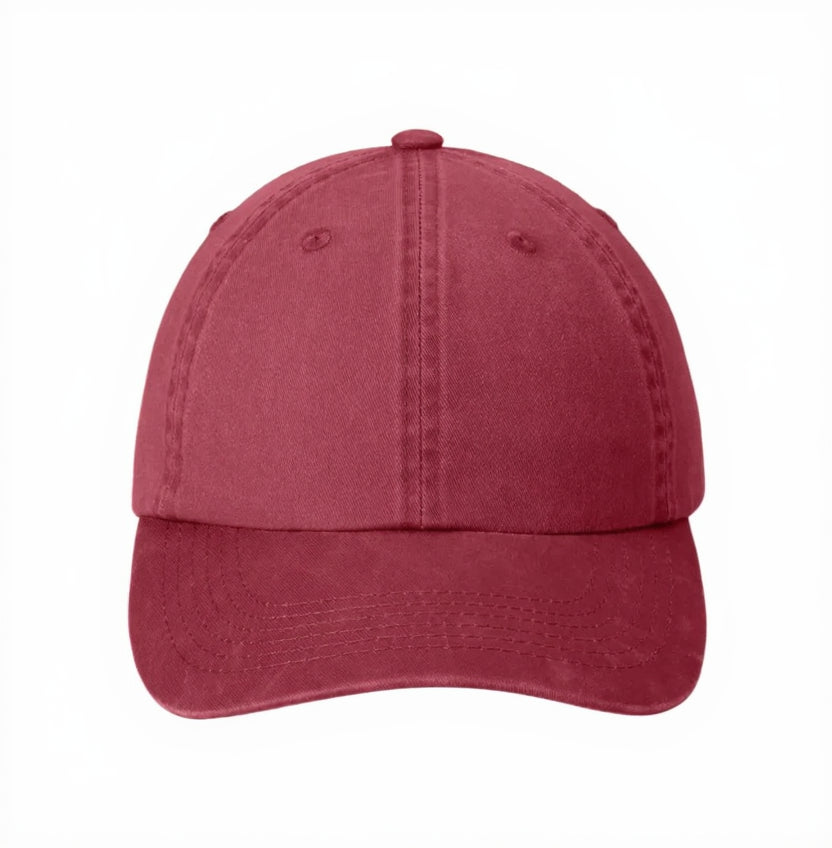 Red garment-washed cotton dad cap with curved brim and low-profile fit