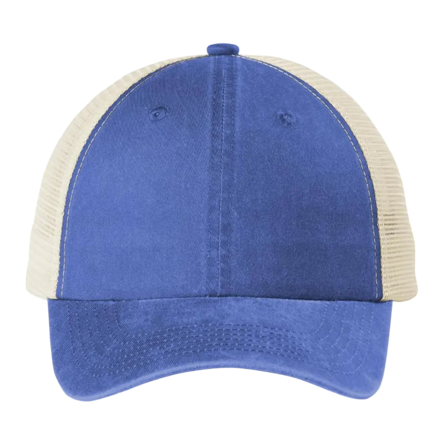 Blue and beige two-tone trucker cap with breathable mesh back