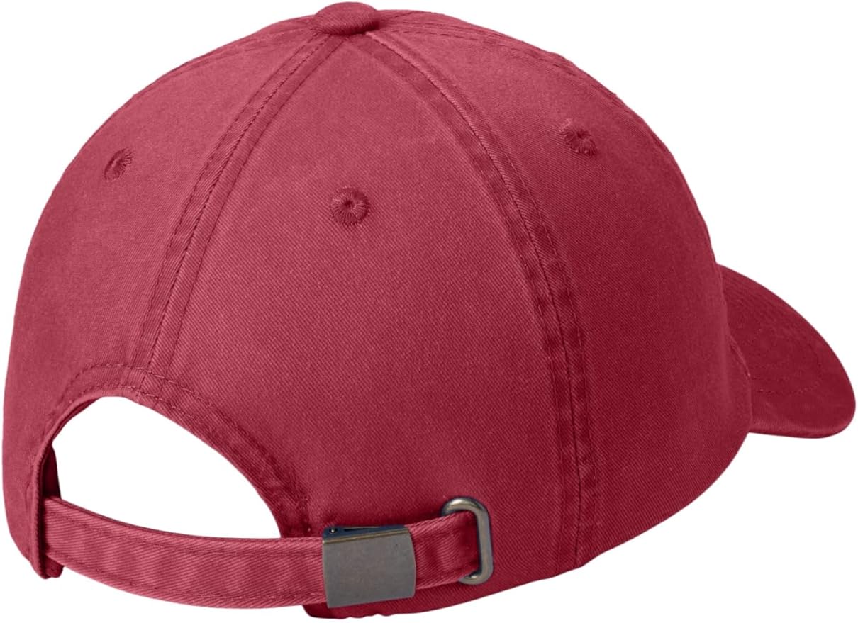 Red dad cap back view with adjustable buckle closure