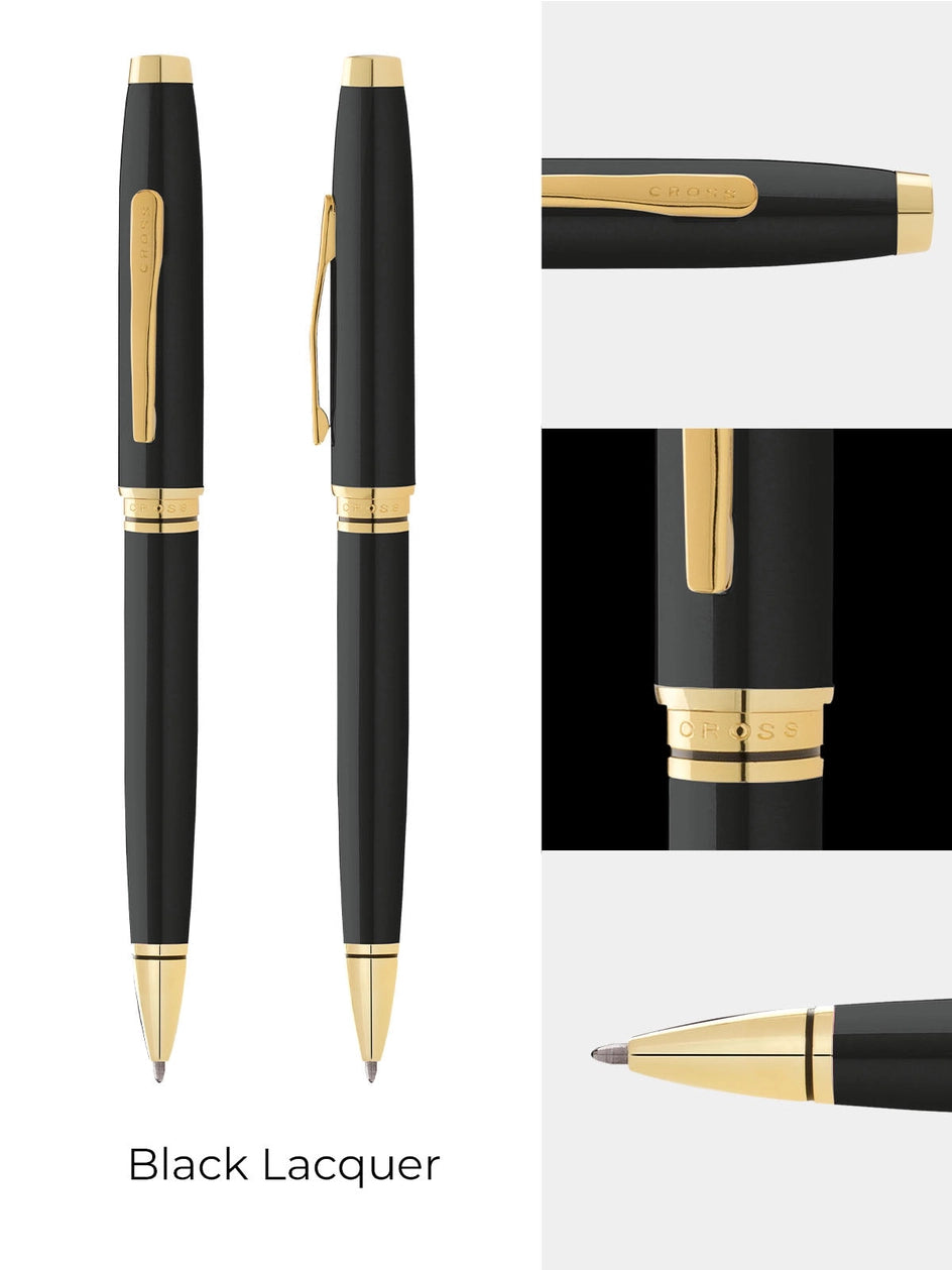 A refined black lacquer ballpoint pen with gold detailing.