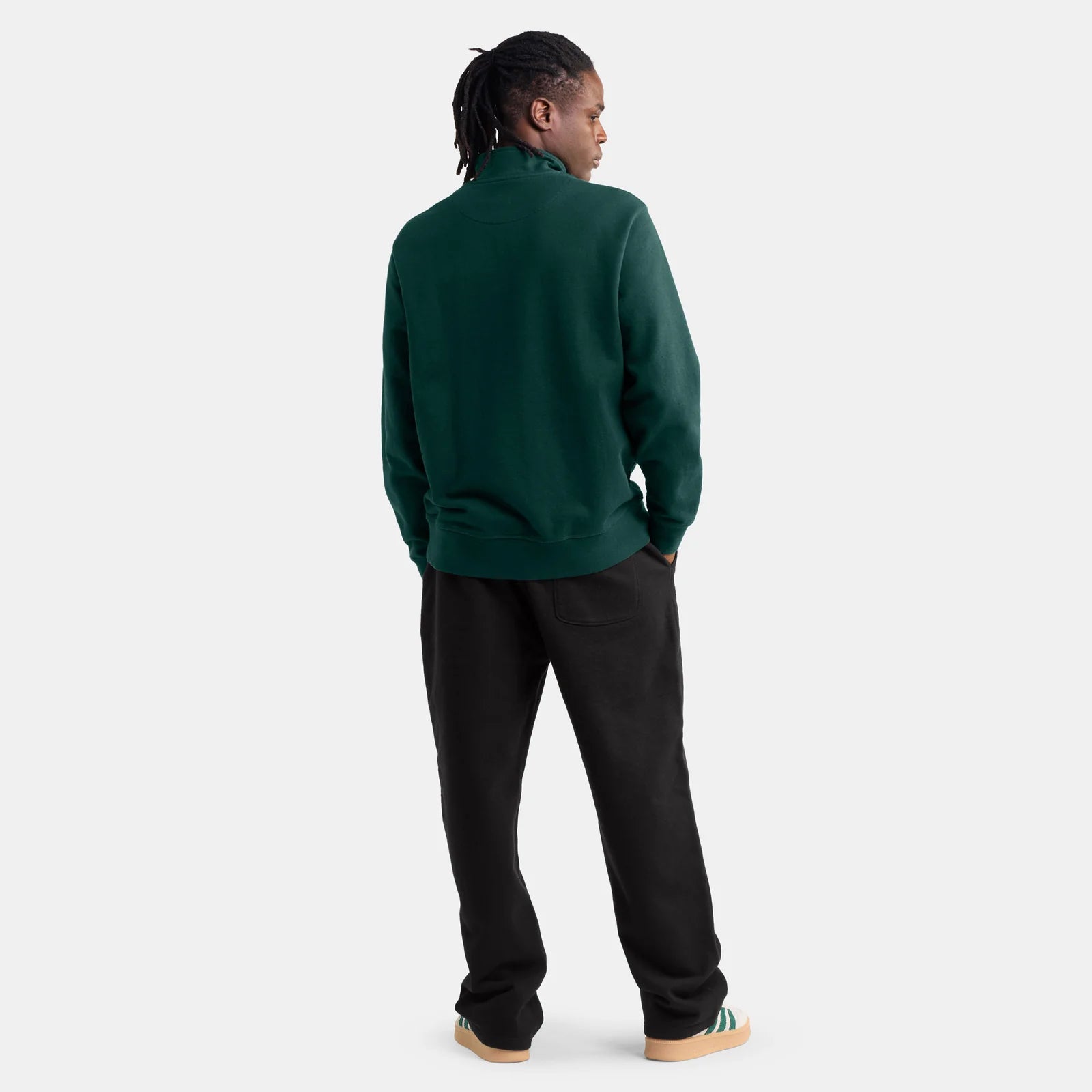 black jogger pants back view on model, sustainable cotton branded apparel for custom logo embroidery or print