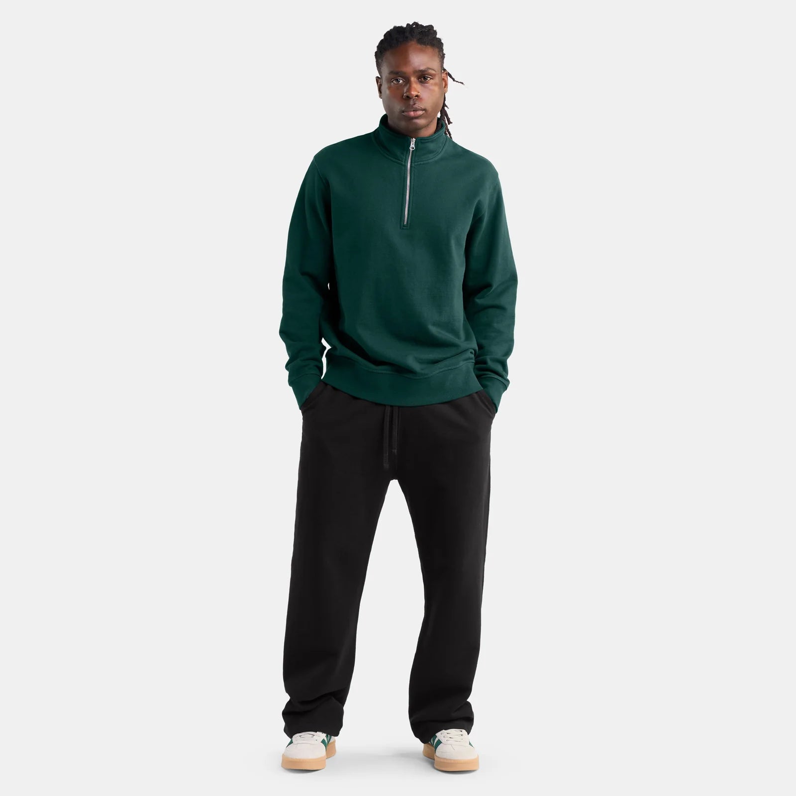 black unisex jogger pants on model, organic cotton custom merch apparel for streetwear and corporate branding