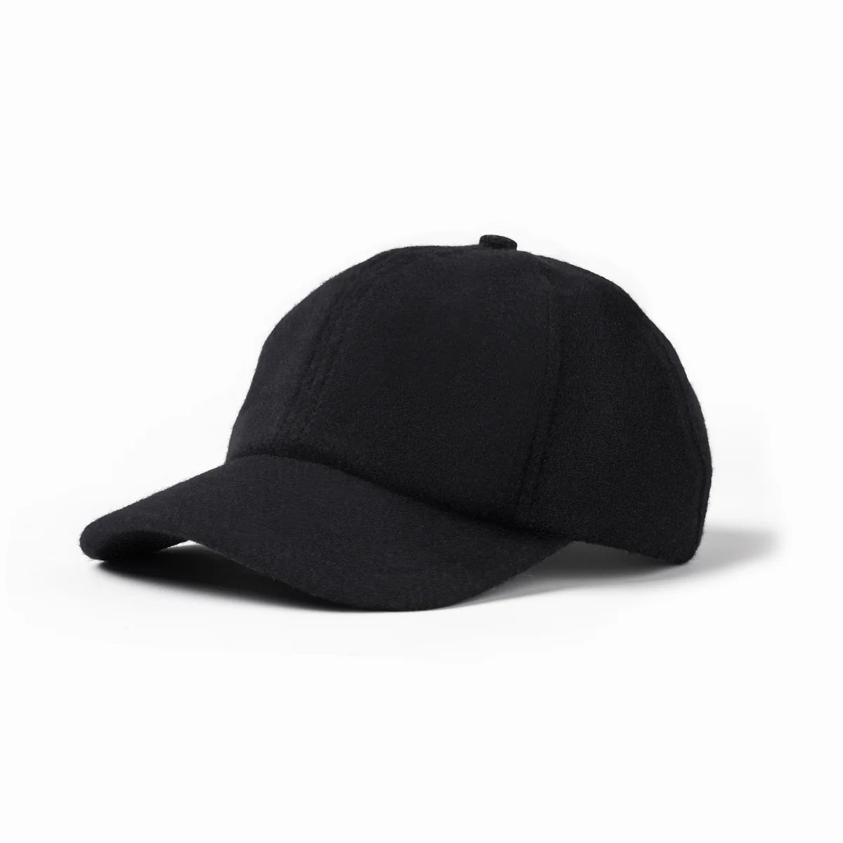 Black wool 6-panel baseball cap with textured fabric and curved brim, close-up product view on white background