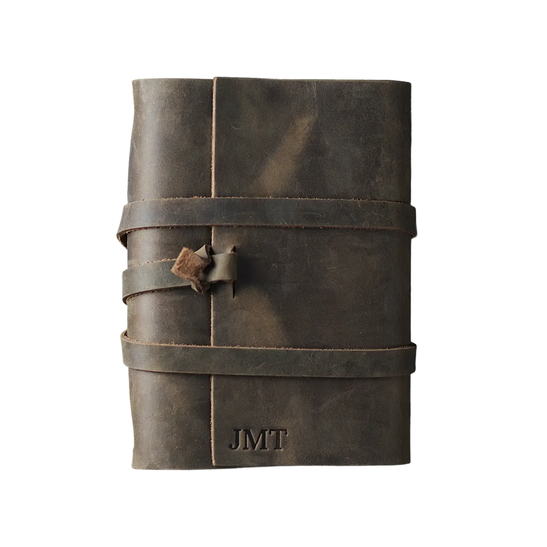 dark brown leather journal with strap closure, personalized logo corporate merchandise