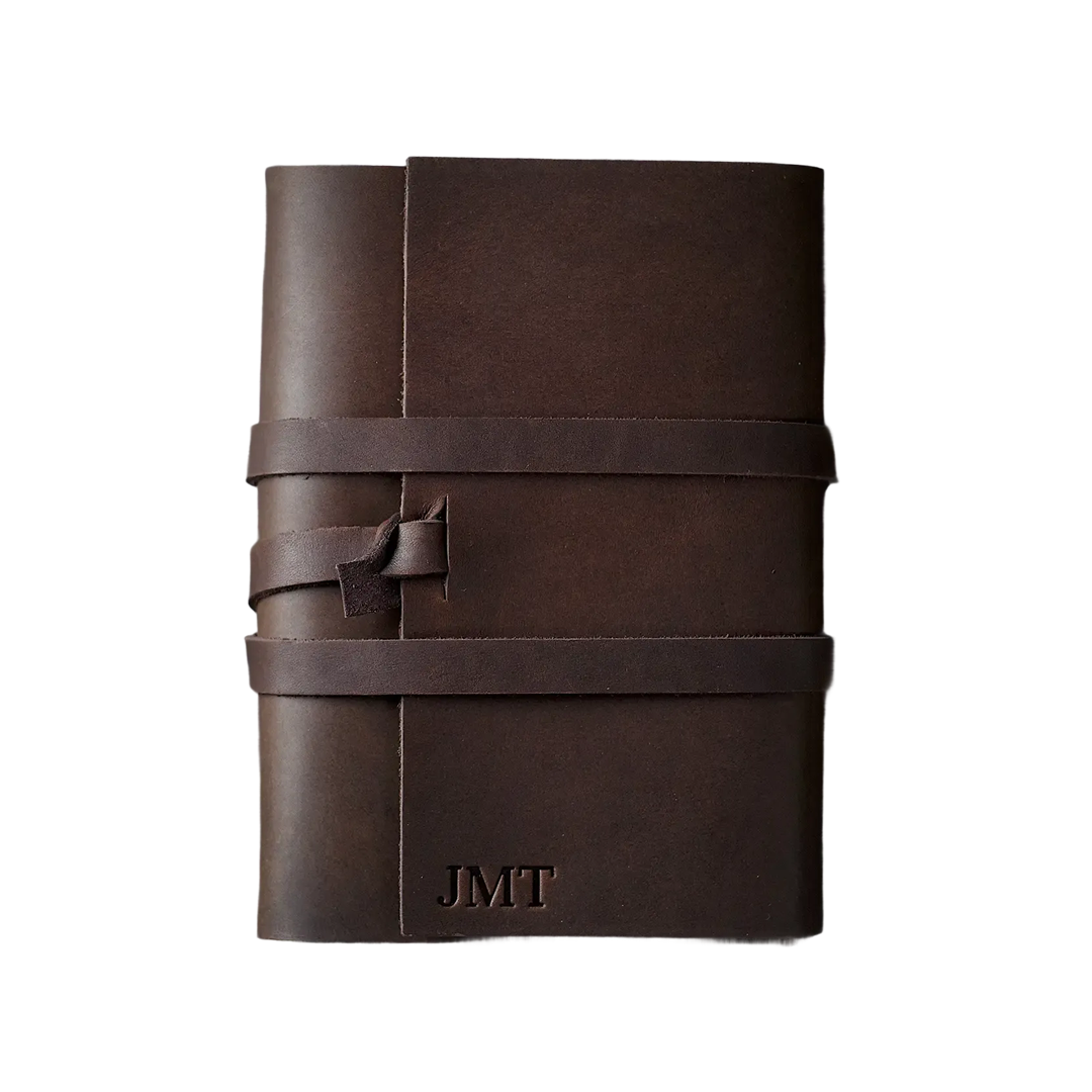 brown leather notebook cover close-up, premium customizable leather journal for corporate gifts