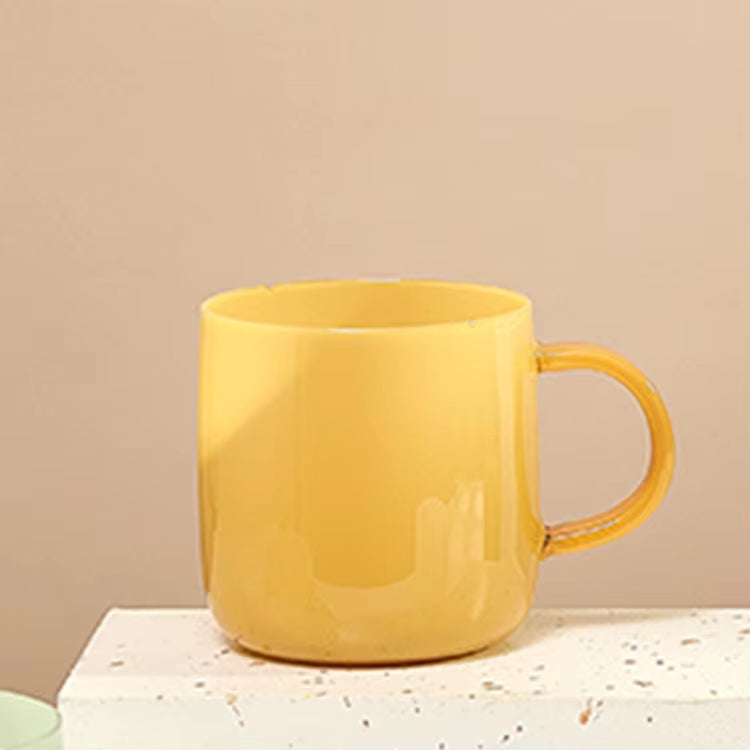 yellow glass mug product photo, transparent colored glass for custom logo print merchandise