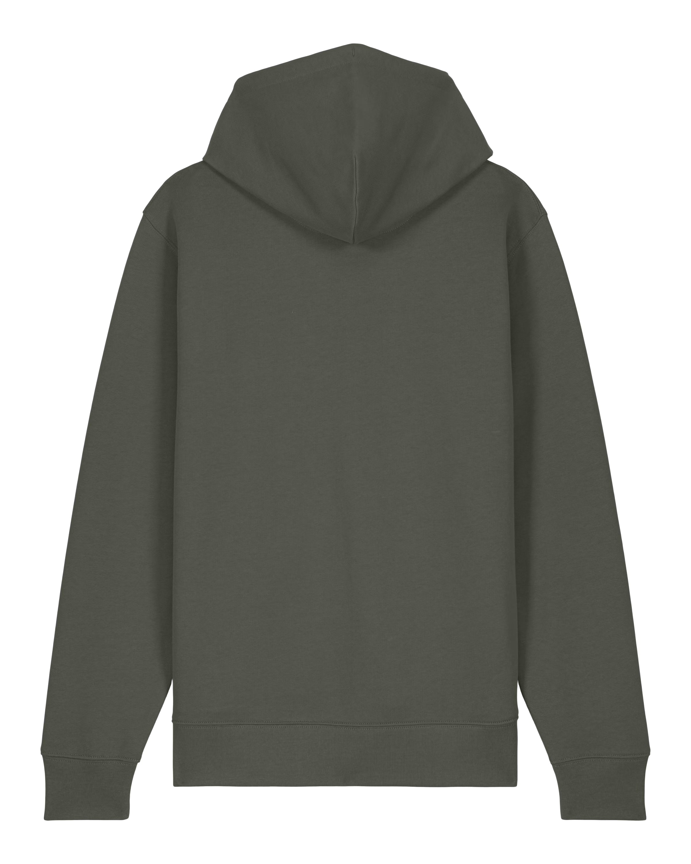 back view of an olive green unisex cotton hoodie isolated on white background