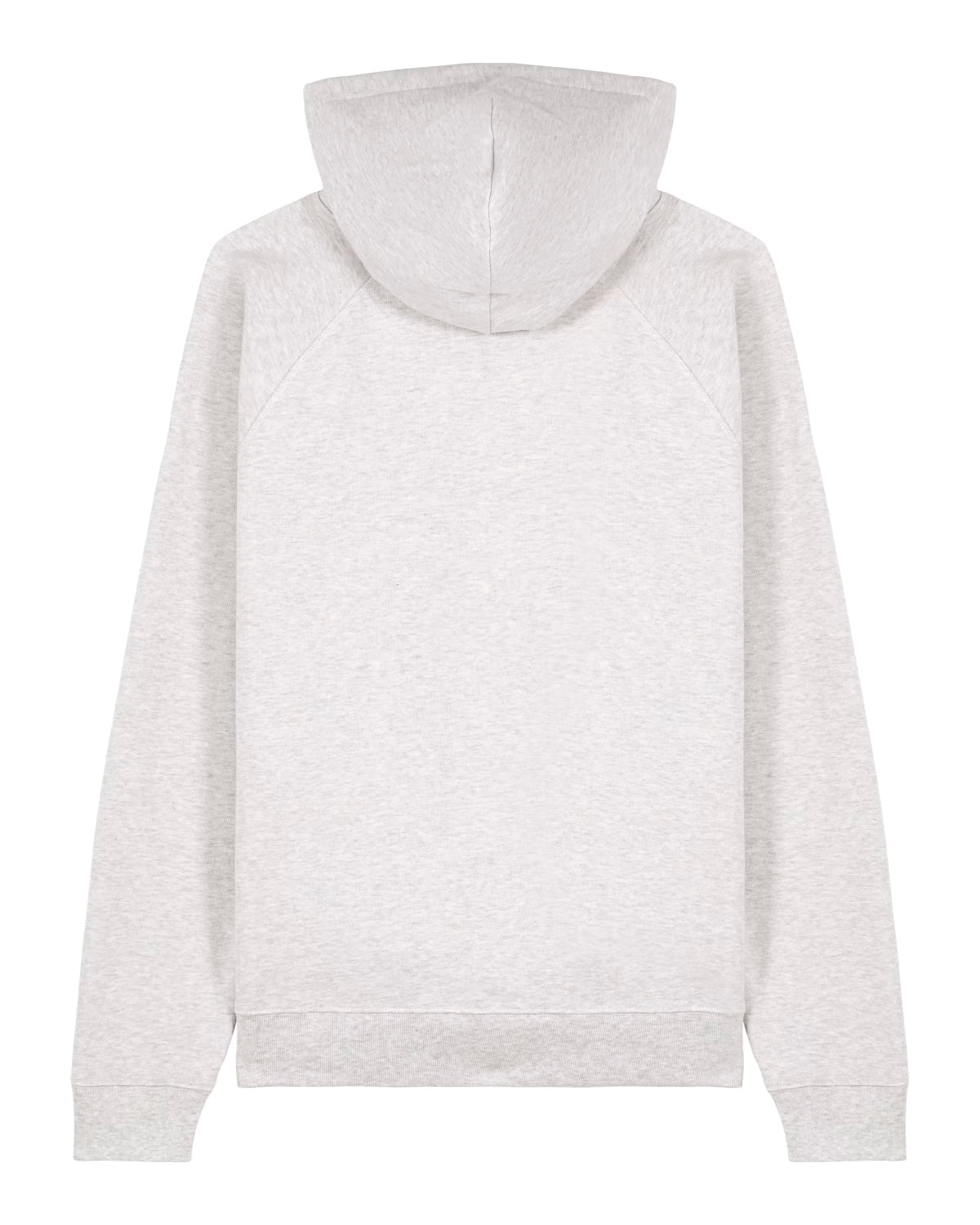 Back view of a white unisex cotton hoodie isolated on white background