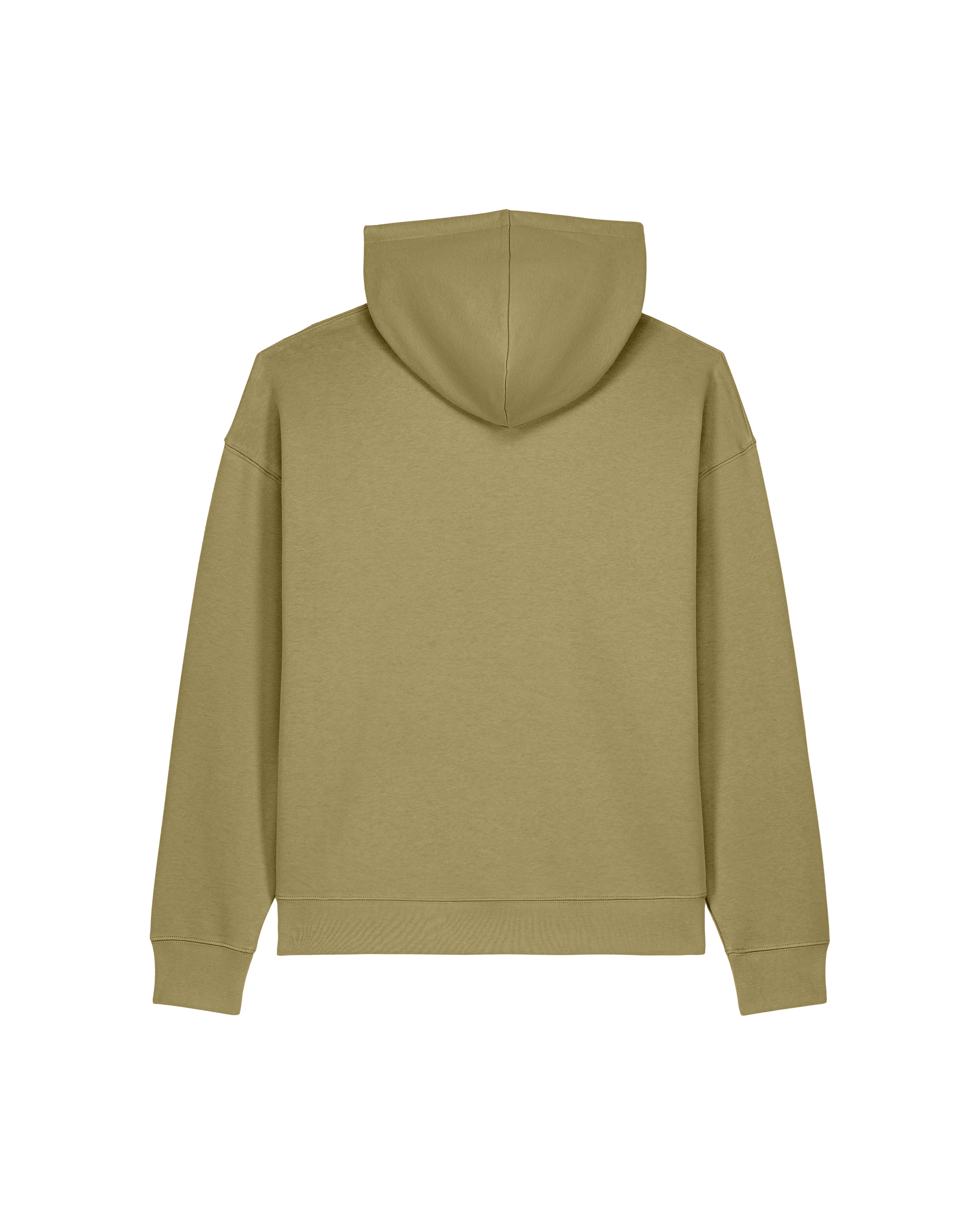 Olive green organic cotton hoodie with relaxed fit back view