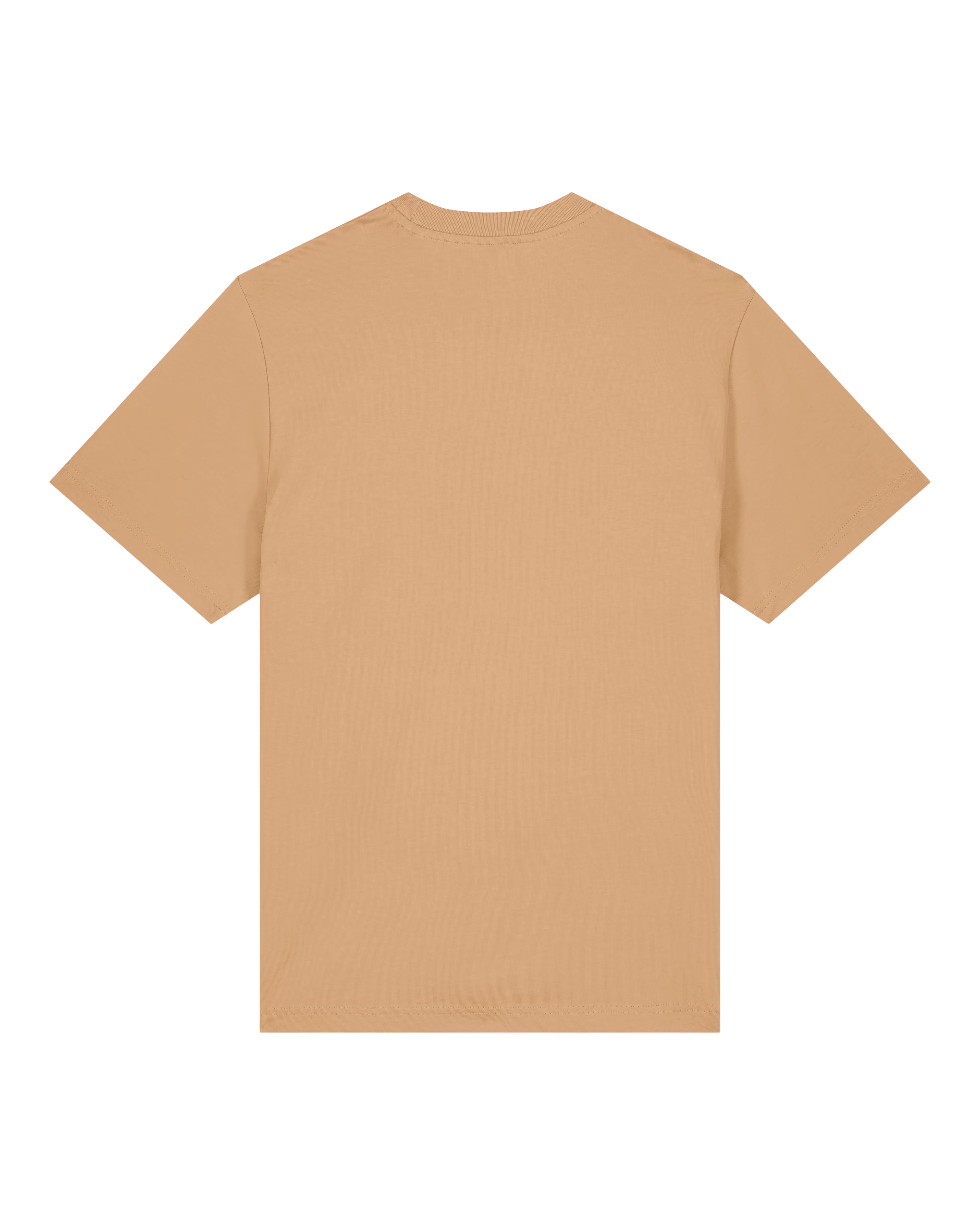 warm beige cotton t-shirt back view, sustainable minimalist unisex apparel