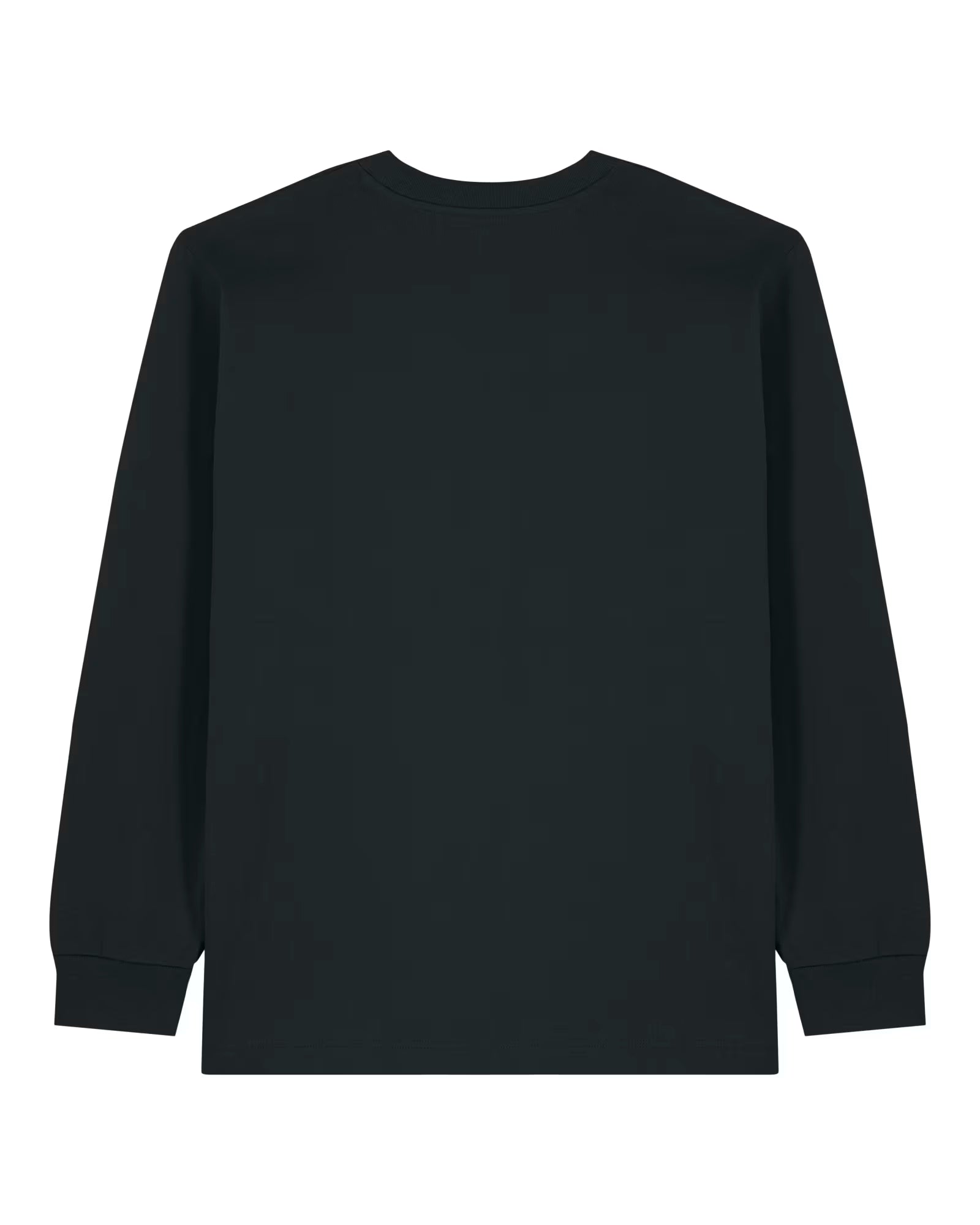 back view of a black unisex cotton long sleeve t-shirt isolated on white background