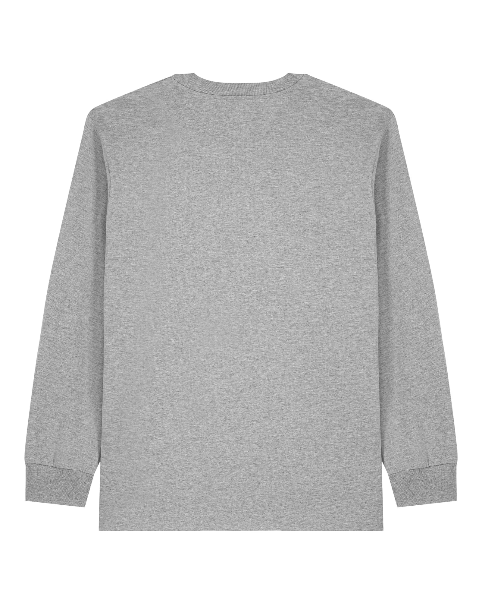 Back view of a light grey unisex cotton long sleeve t-shirt isolated on white background