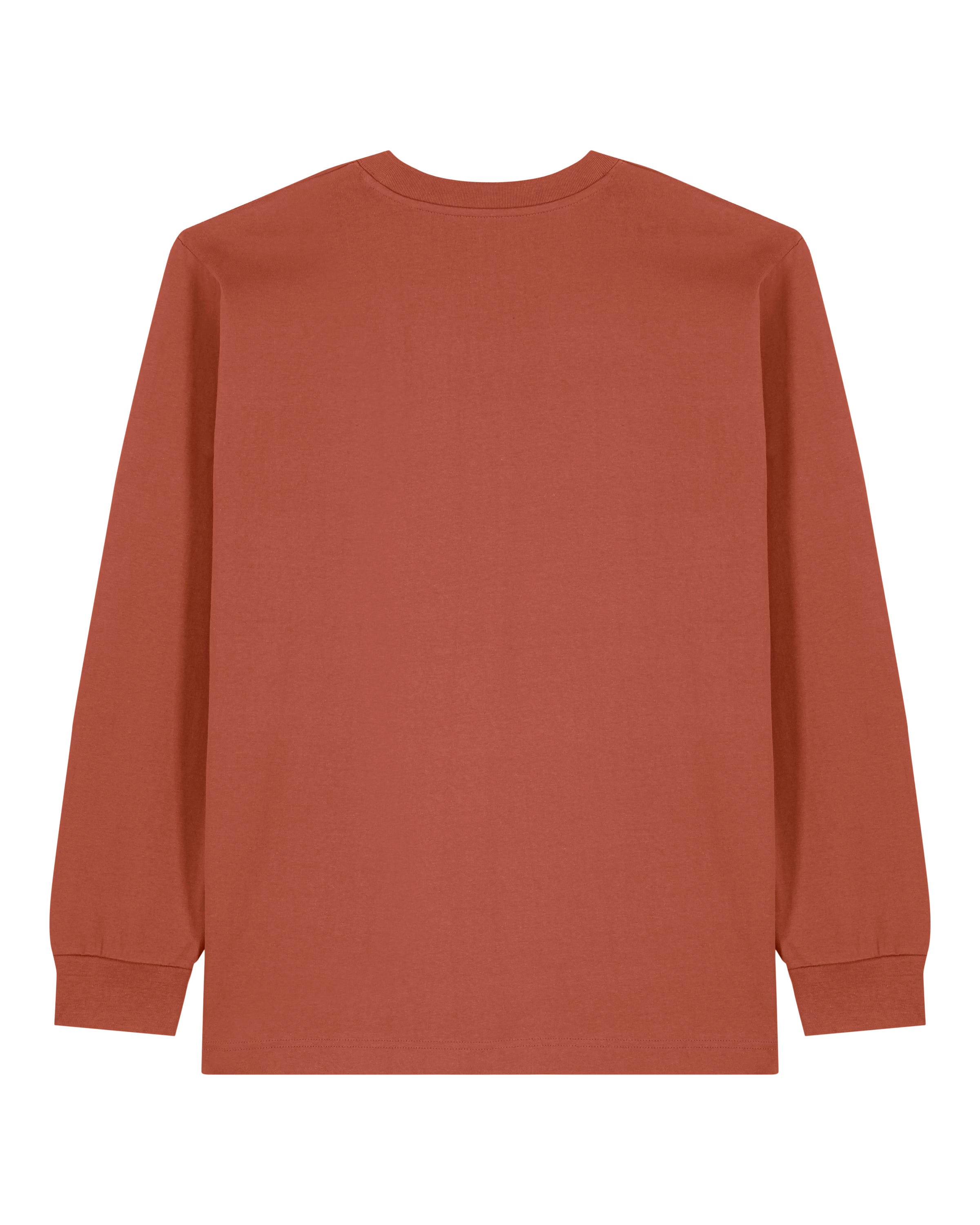 back view of a rust orange unisex cotton long sleeve t-shirt isolated on white background