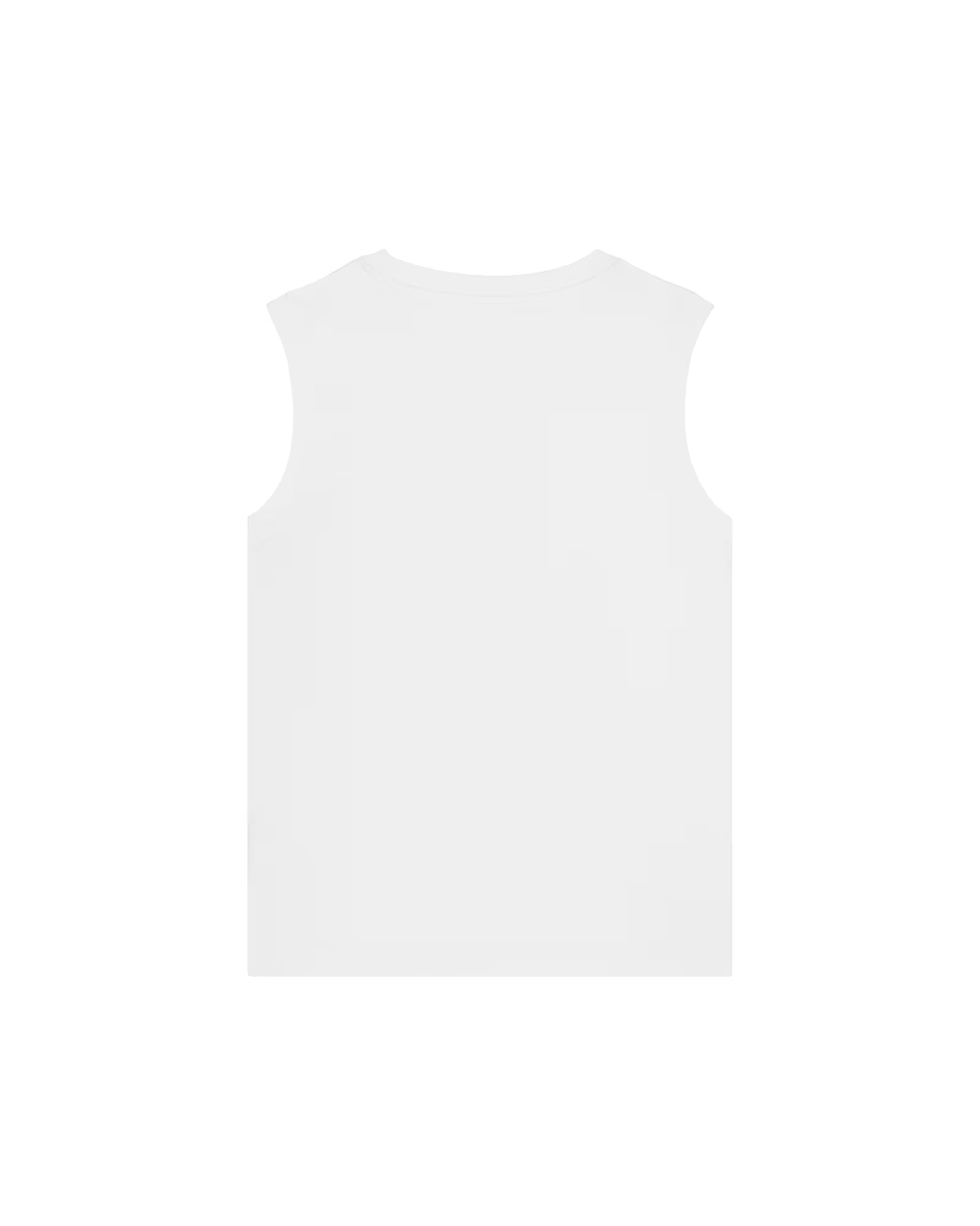 Back view of a white unisex cotton sleeveless top isolated on white background