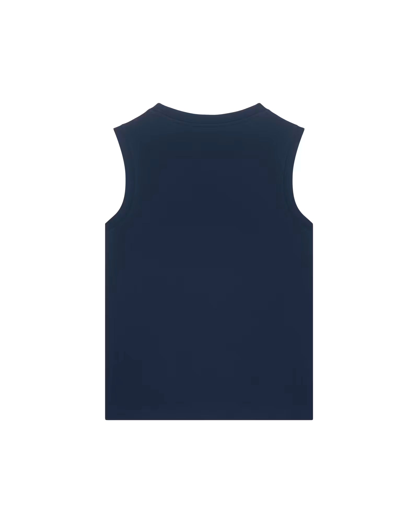 Back view of a navy unisex cotton sleeveless top isolated on white background