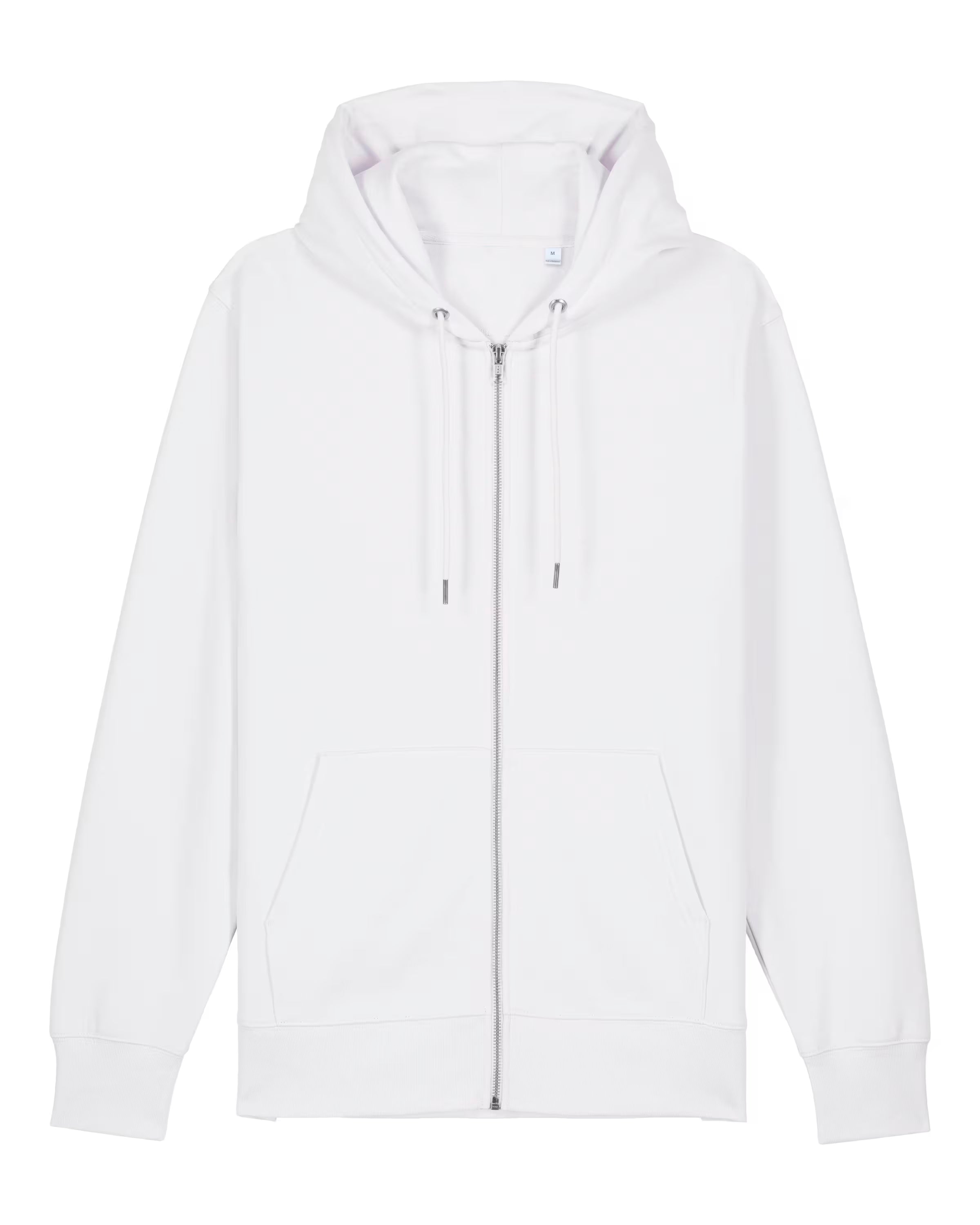 White unisex cotton hoodie with a brand label on a white background