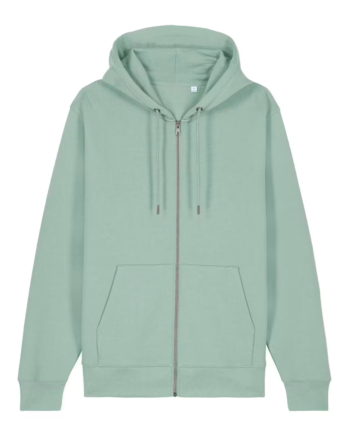 Light green unisex cotton hoodie with a zipper on a white background