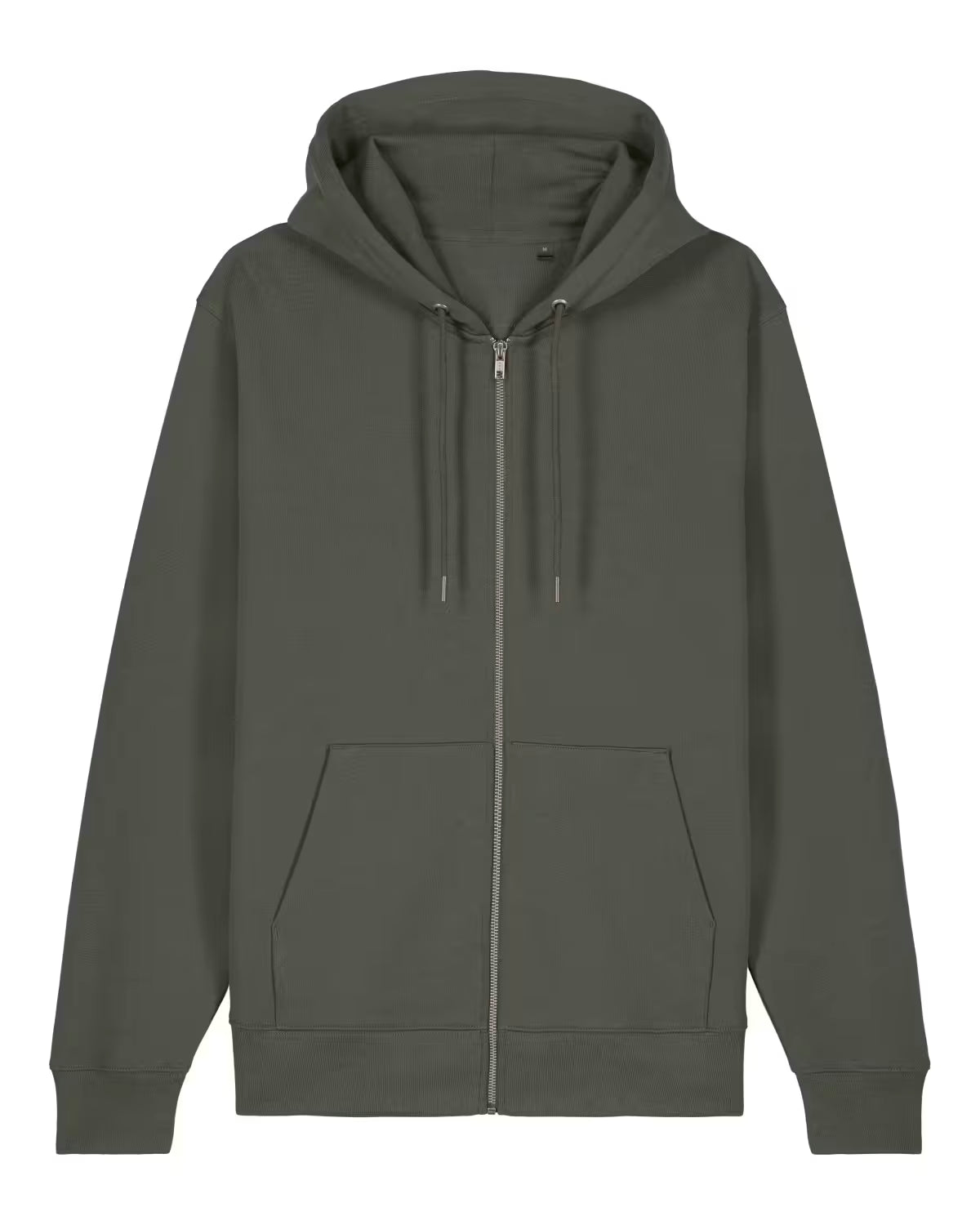 Front view of a male model wearing an olive green cotton hoodie in studio