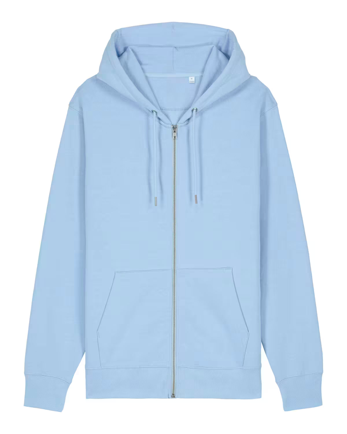 Light blue cotton hoodie with a zipper on a white background