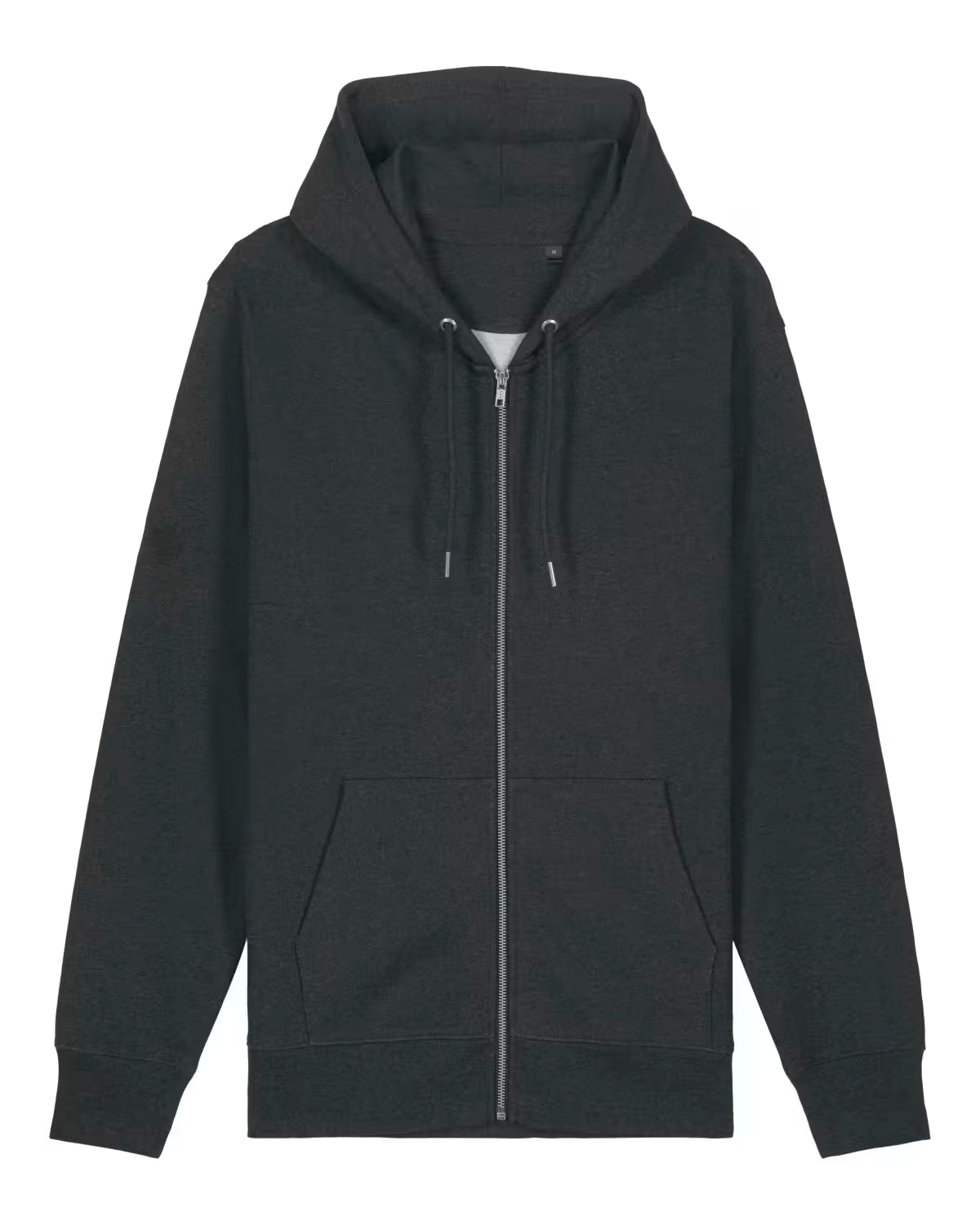 Front view of a black unisex cotton hoodie isolated on white background