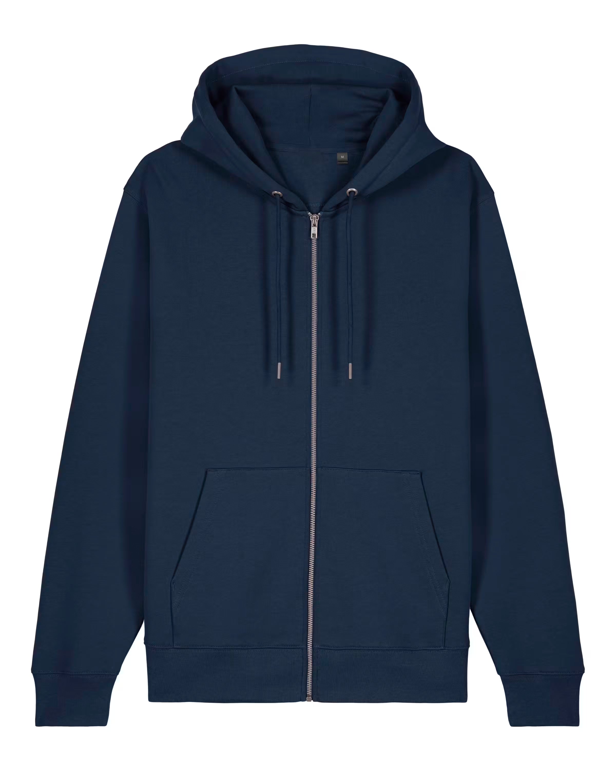 Navy blue cotton hoodie with a zipper on a white background