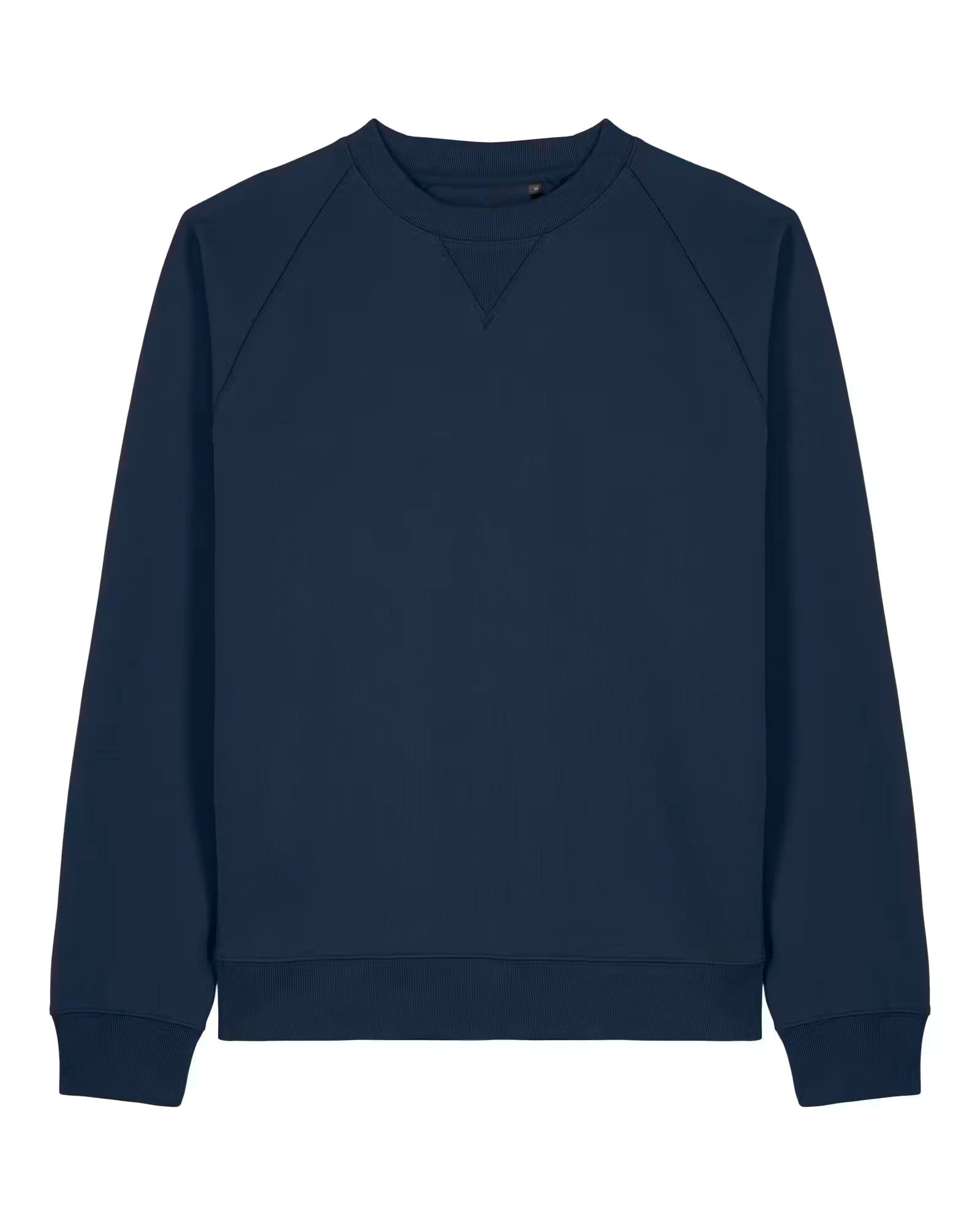 Front view of a navy unisex cotton sweatshirt isolated on white background