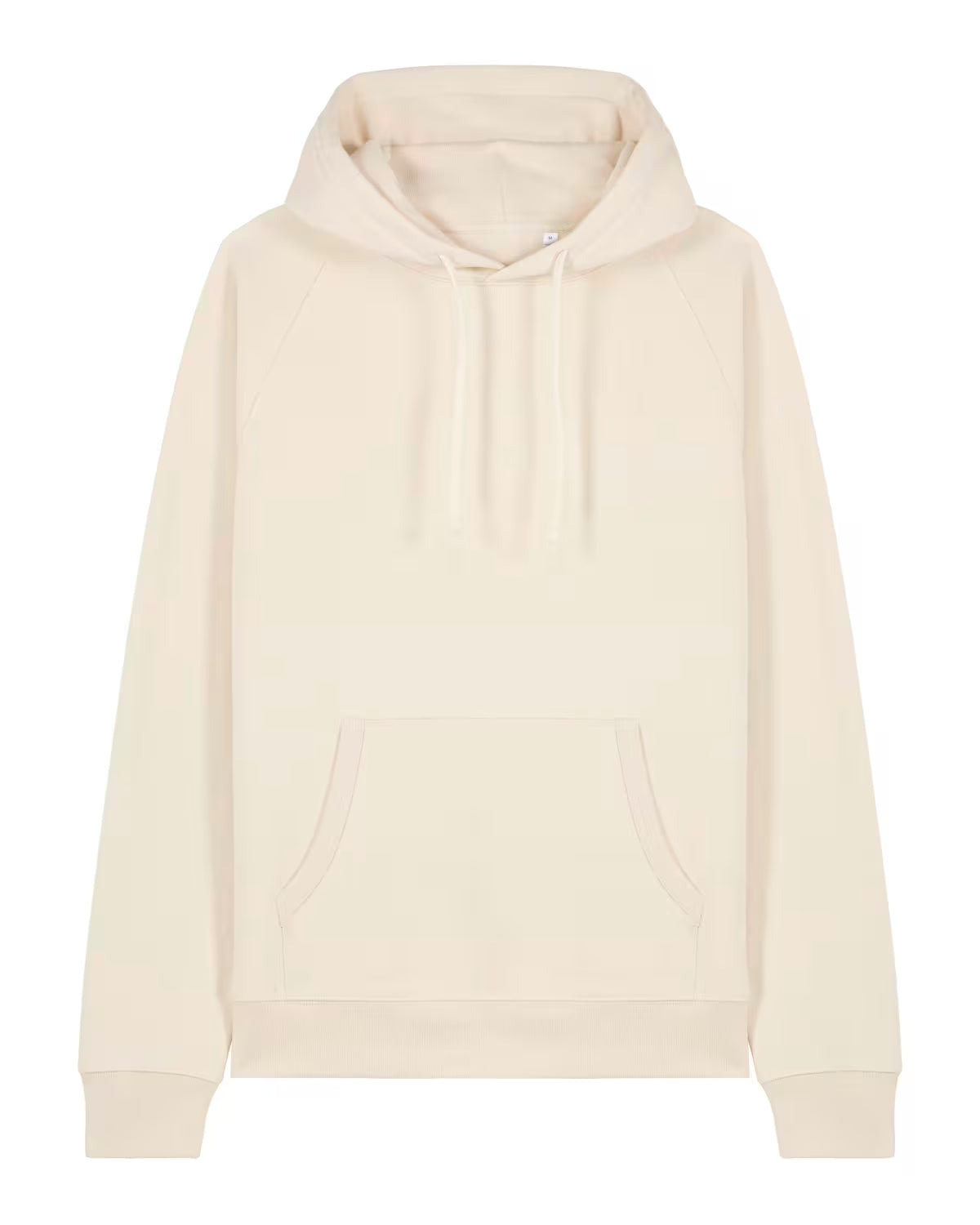 Front view of a beige unisex cotton hoodie isolated on white background