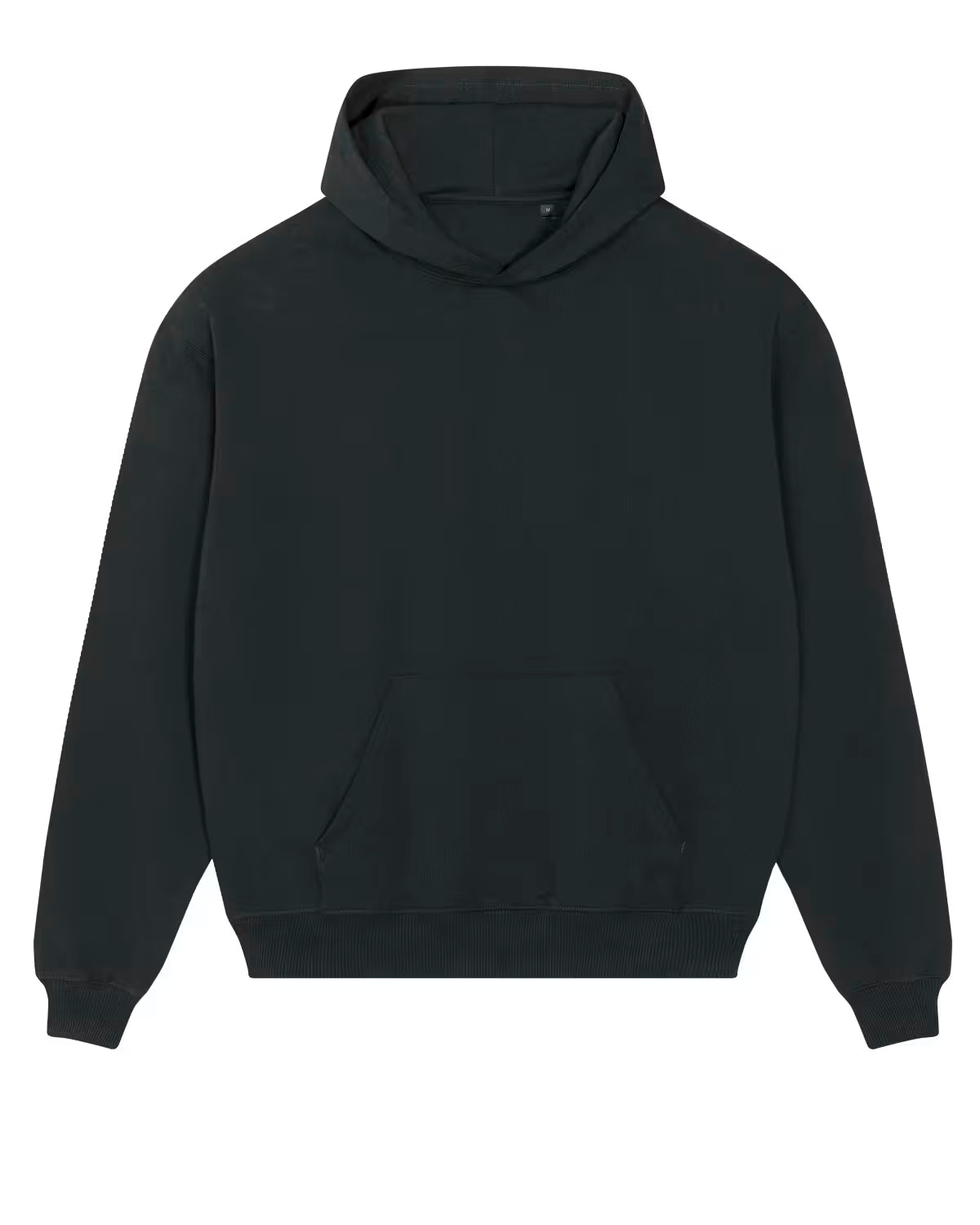 Front view of a black unisex cotton hoodie isolated on white background