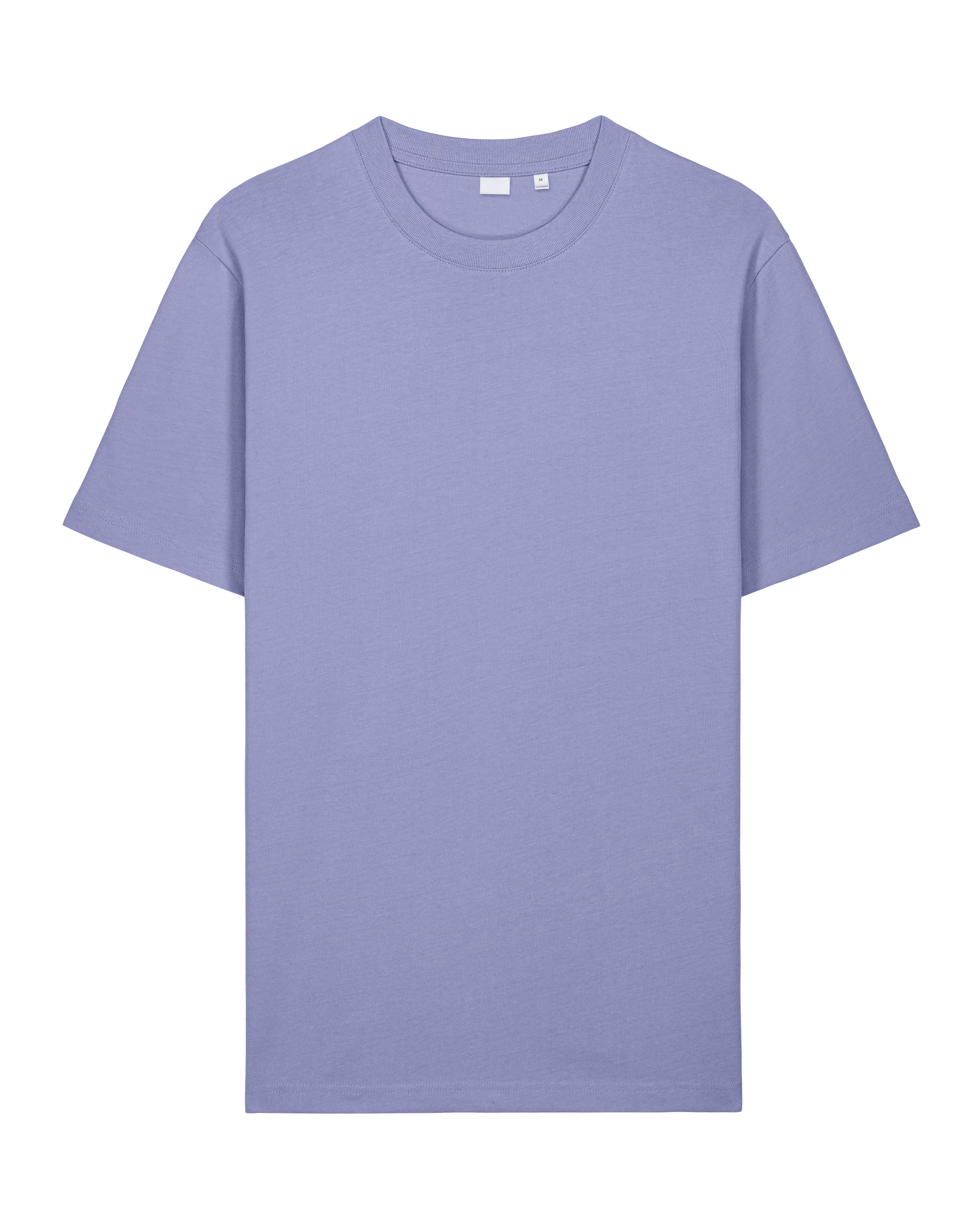 soft lavender unisex cotton t-shirt studio front view, minimalist blank tee