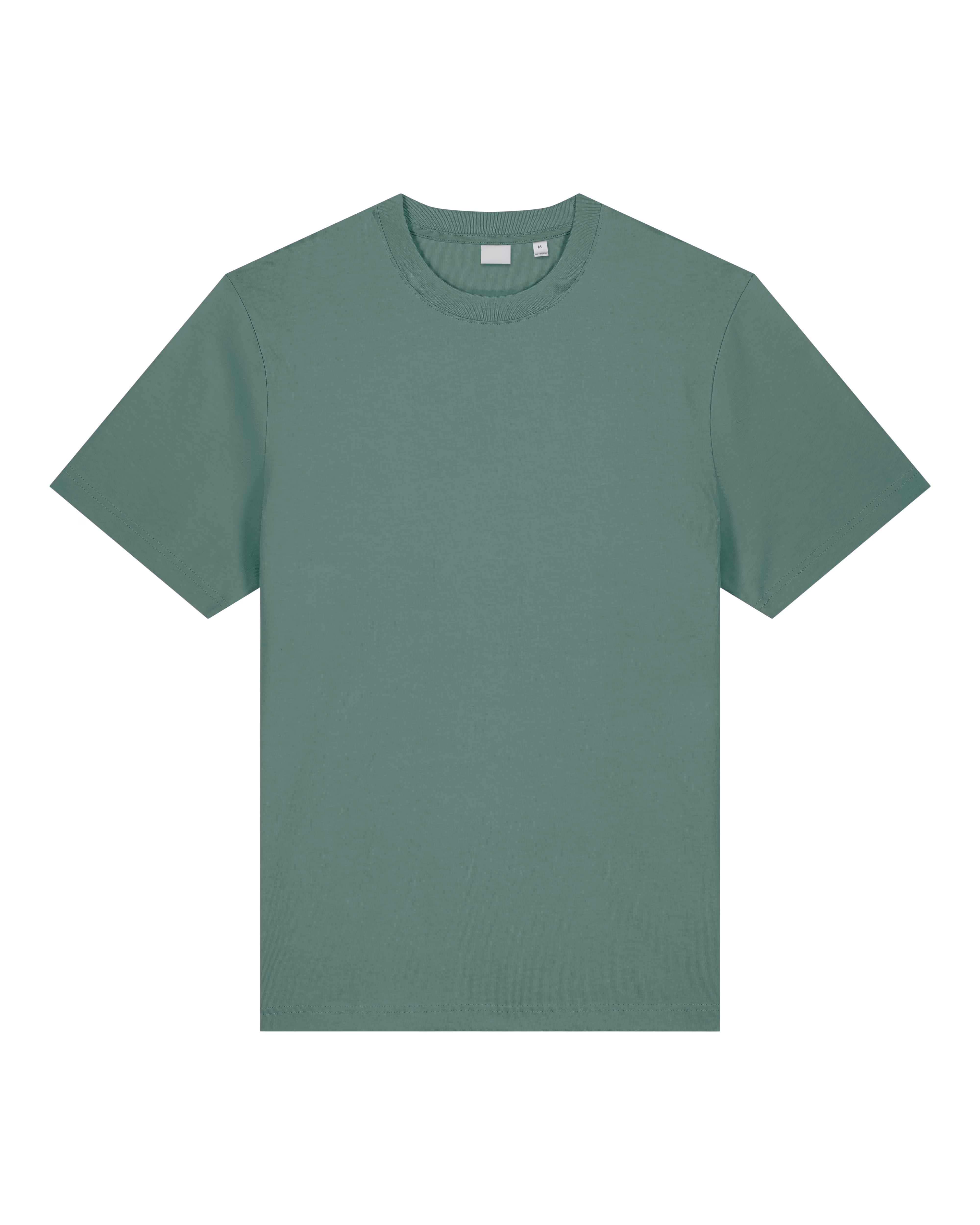 muted sage green unisex cotton t-shirt front view, organic customizable apparel