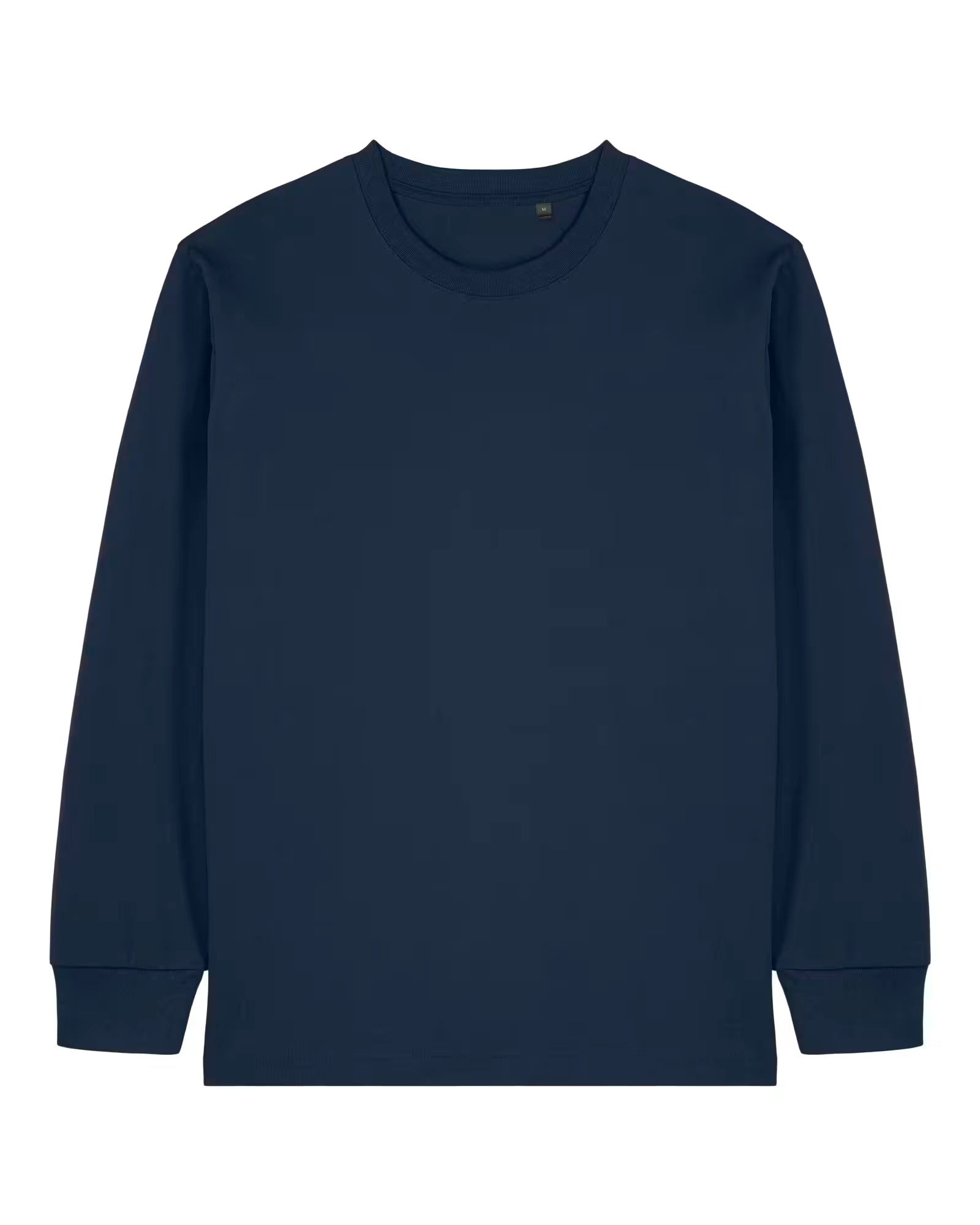 Front view of a navy blue unisex cotton long sleeve t-shirt isolated on white background