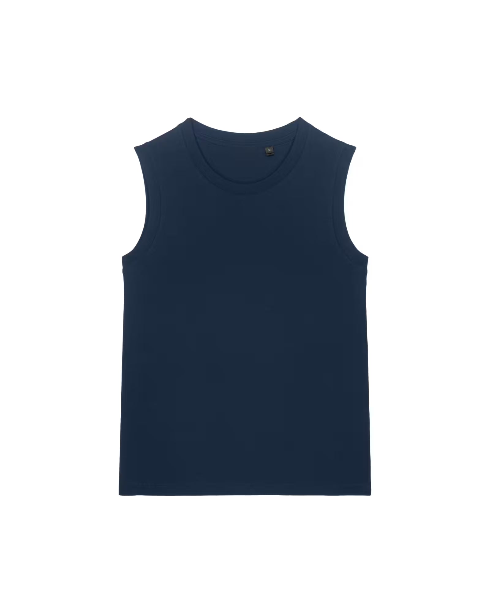 Front view of a navy unisex cotton sleeveless top isolated on white background