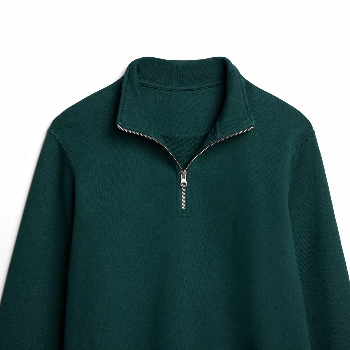 The Traveler Pullover forest green quarter zip collar detail close-up