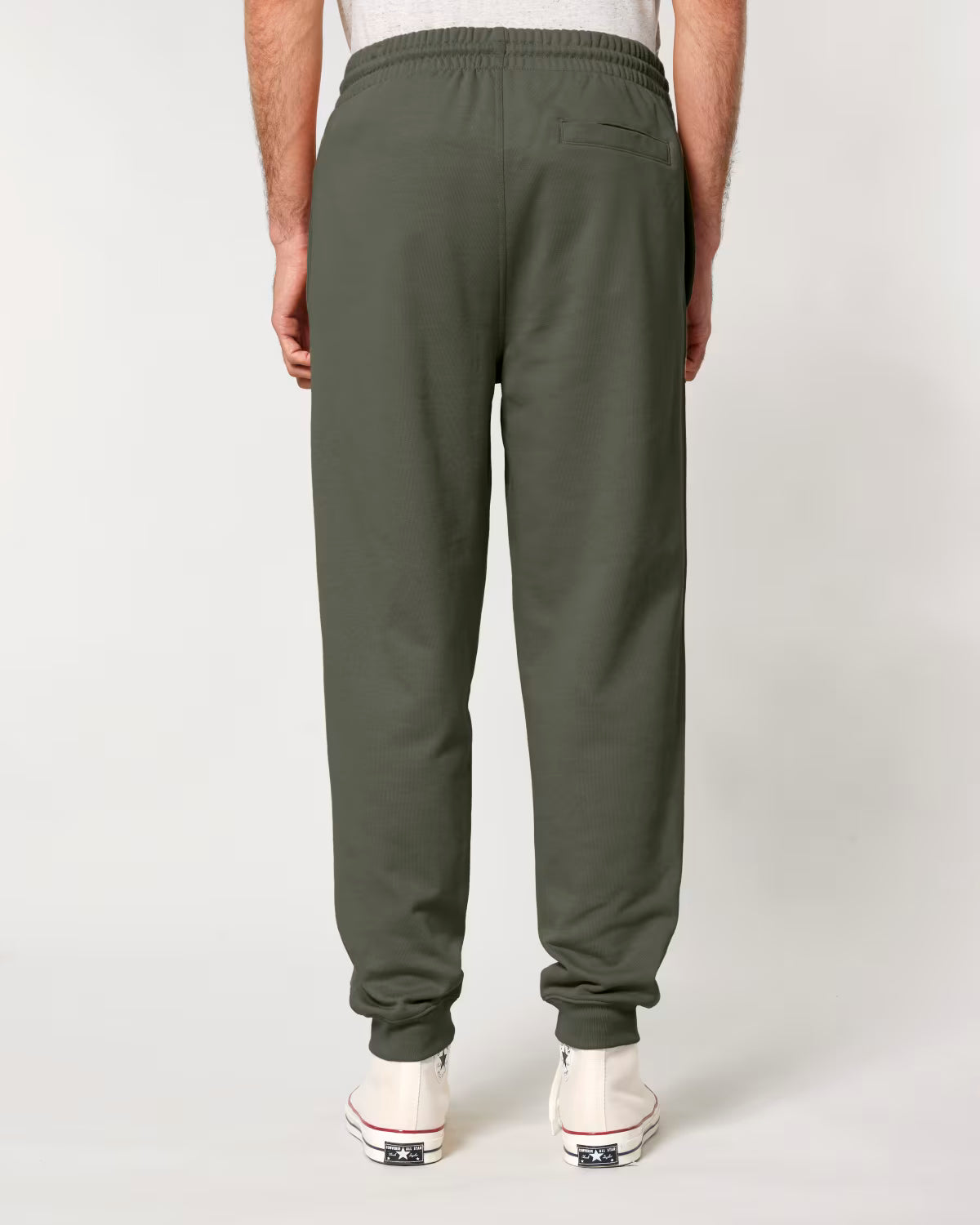 men’s olive jogger pants back view, sustainable custom apparel