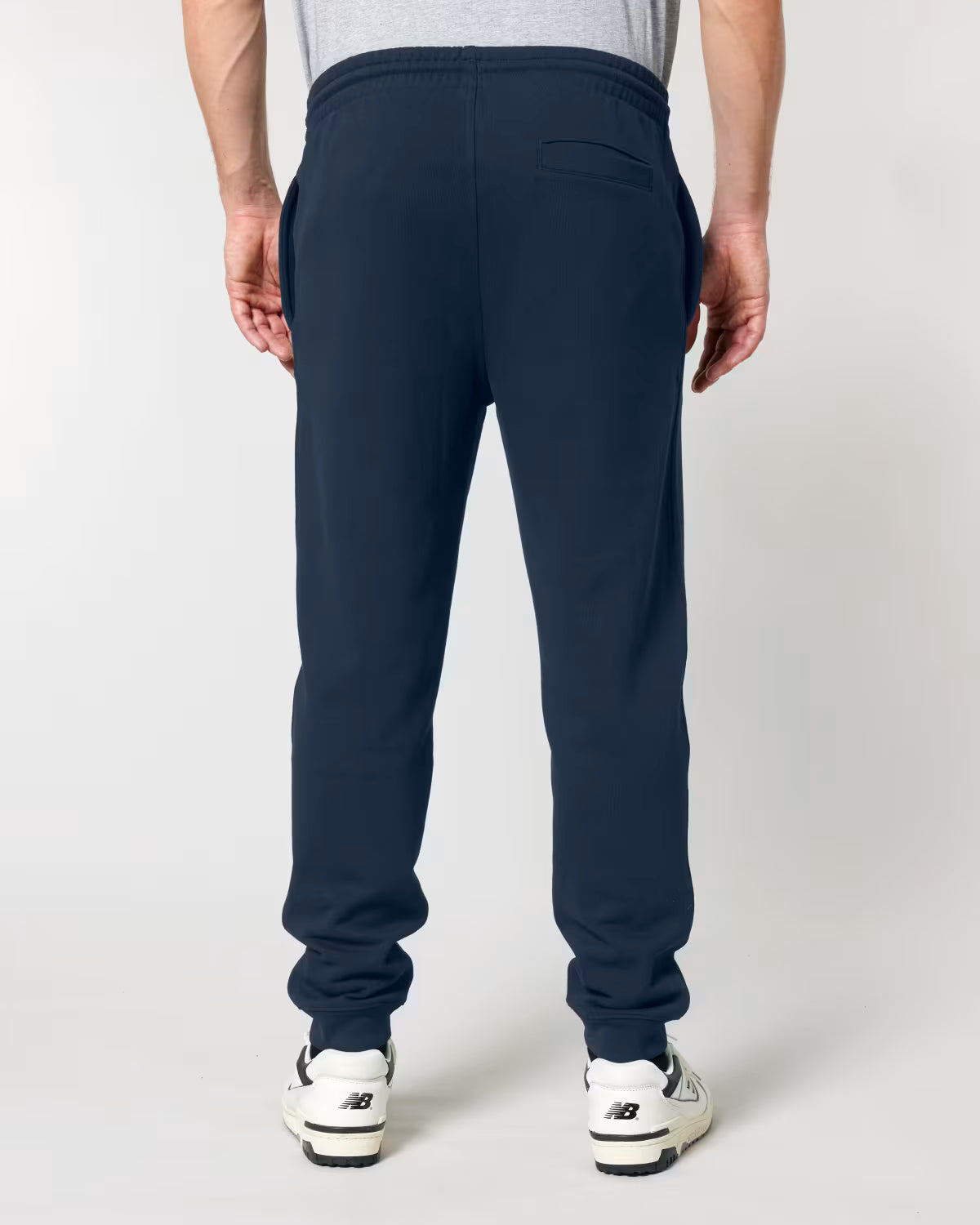 men’s navy jogger pants back view, eco-friendly cotton branded clothing