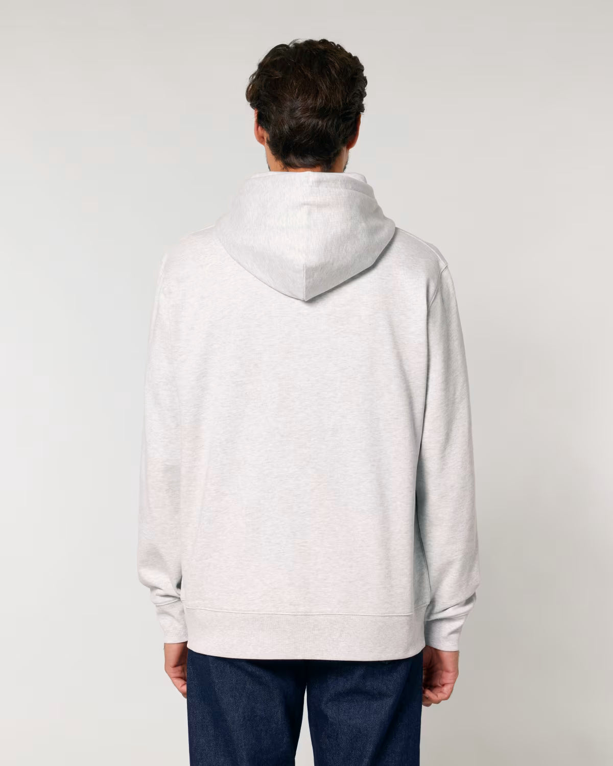 Back view of a white unisex cotton hoodie isolated on white background
