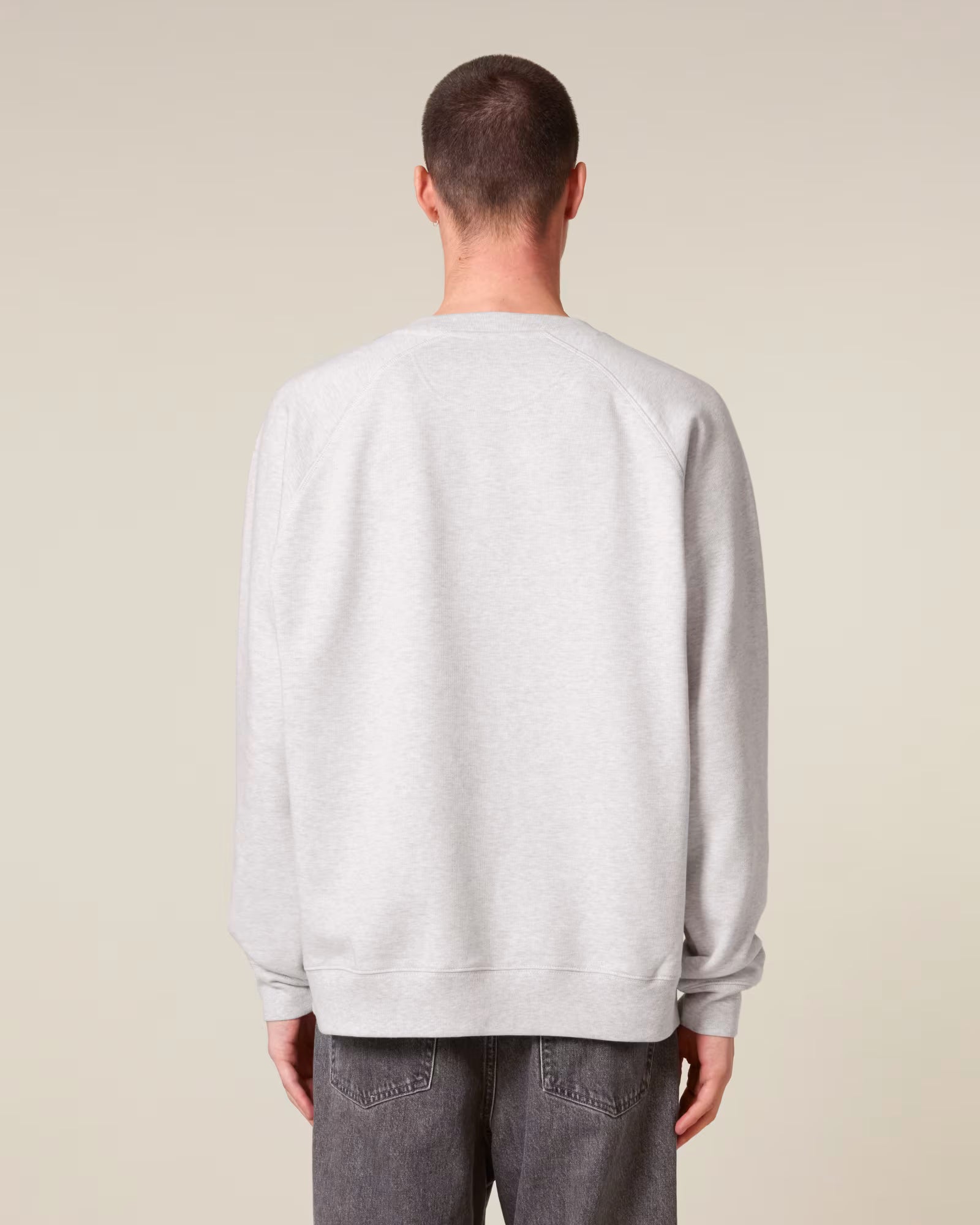Back view of a male model wearing a white cotton sweatshirt in studio