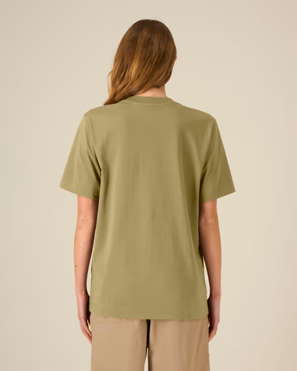 olive green unisex cotton t-shirt on model, back view