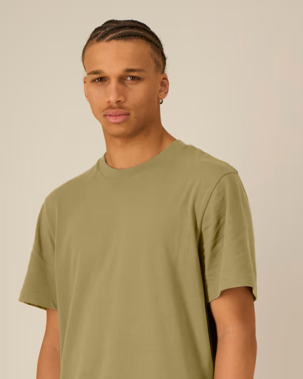 olive green unisex cotton t-shirt on model, detail front