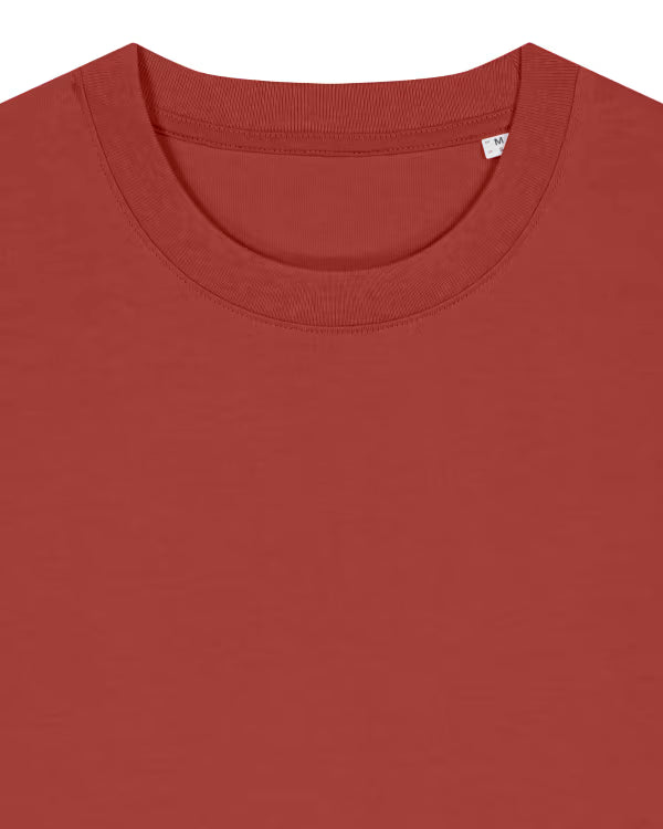 brick red unisex cotton t-shirt close-up detail view