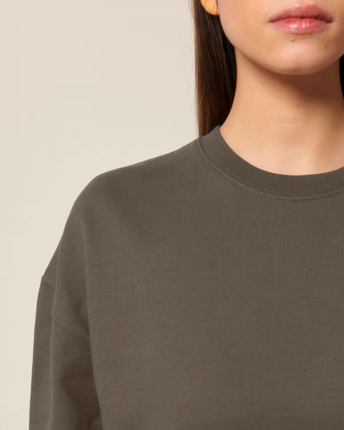 Front view of a female model wearing a brown cotton hoodie in studio