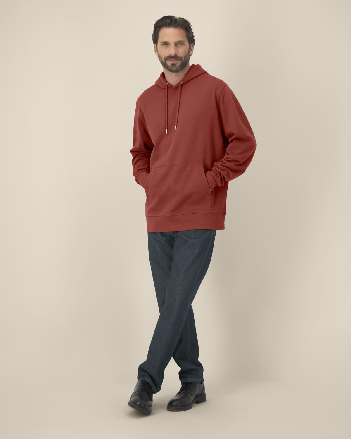 The Ashford Hoodie red hoodie full body look on male model