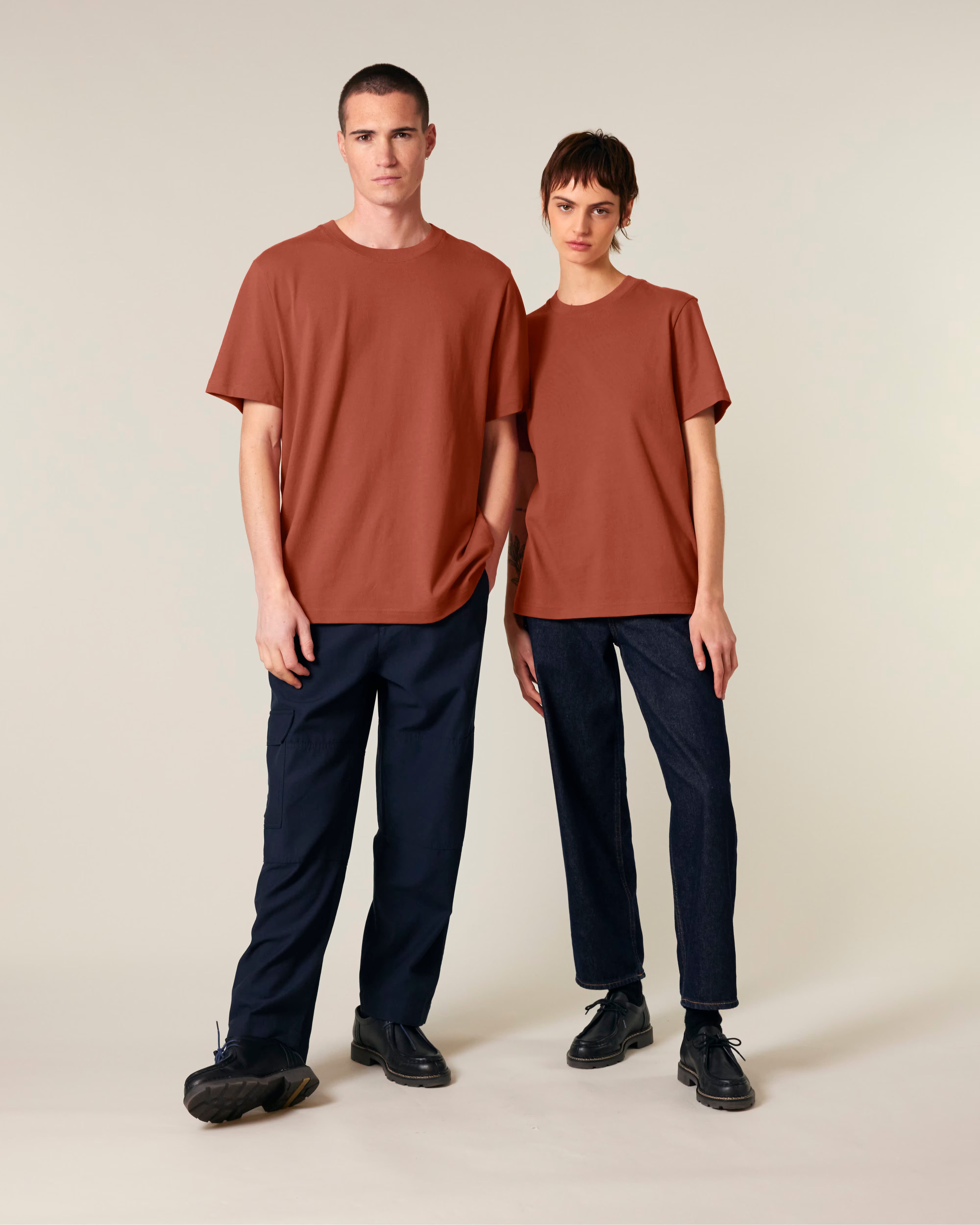 brick red unisex cotton t-shirt on female model