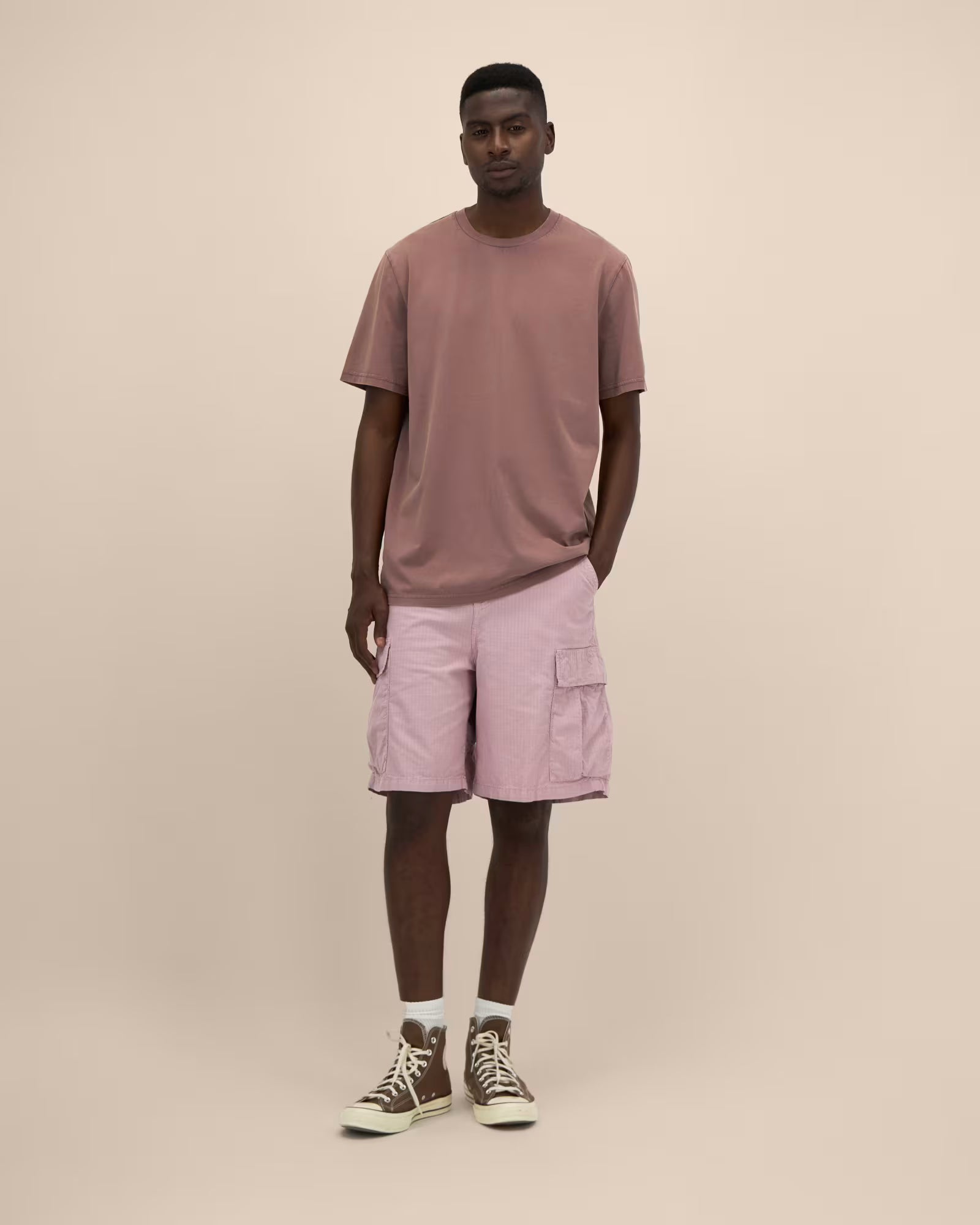 dusty rose unisex cotton t-shirt on model