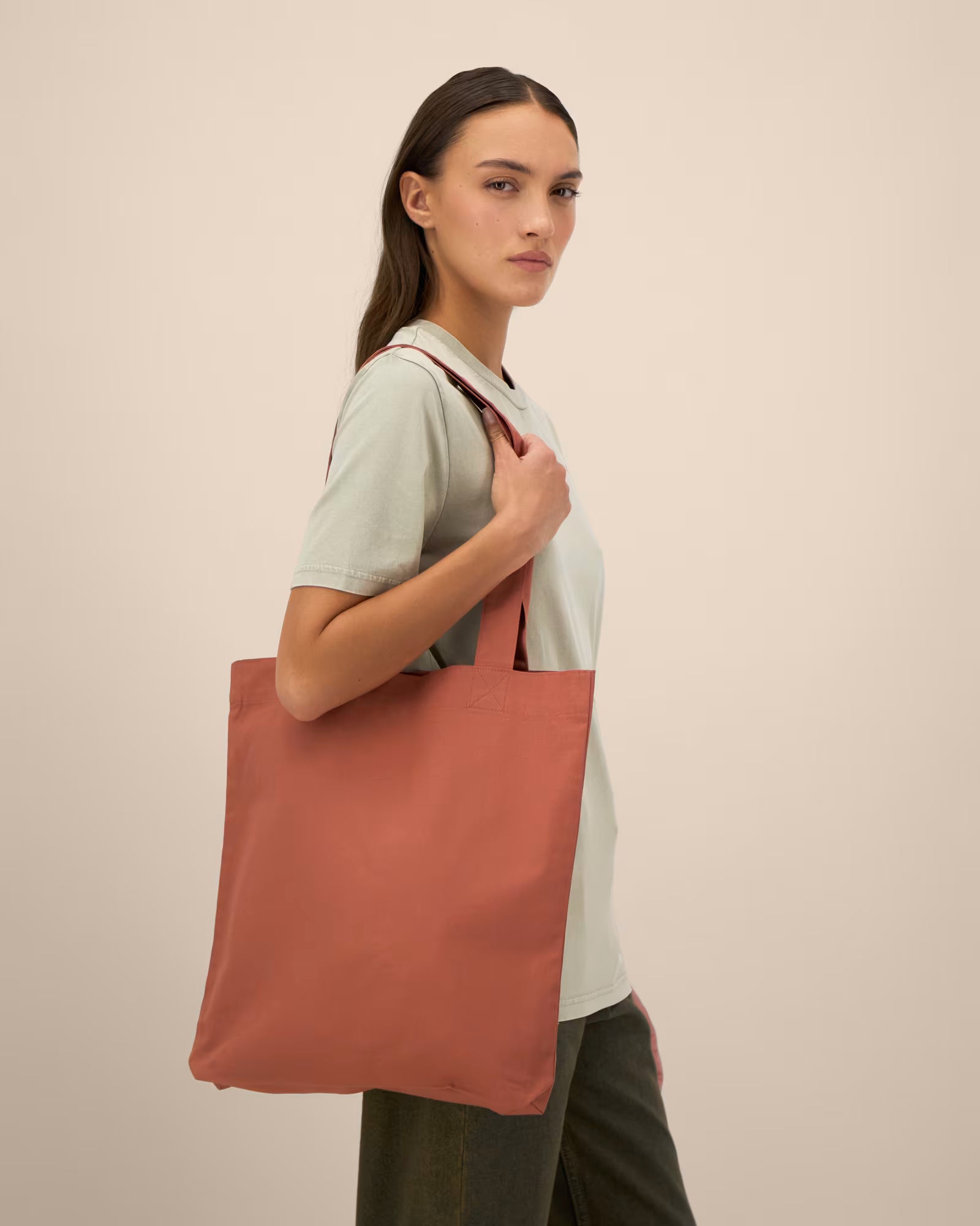 rust red unisex canvas tote bag studio front view