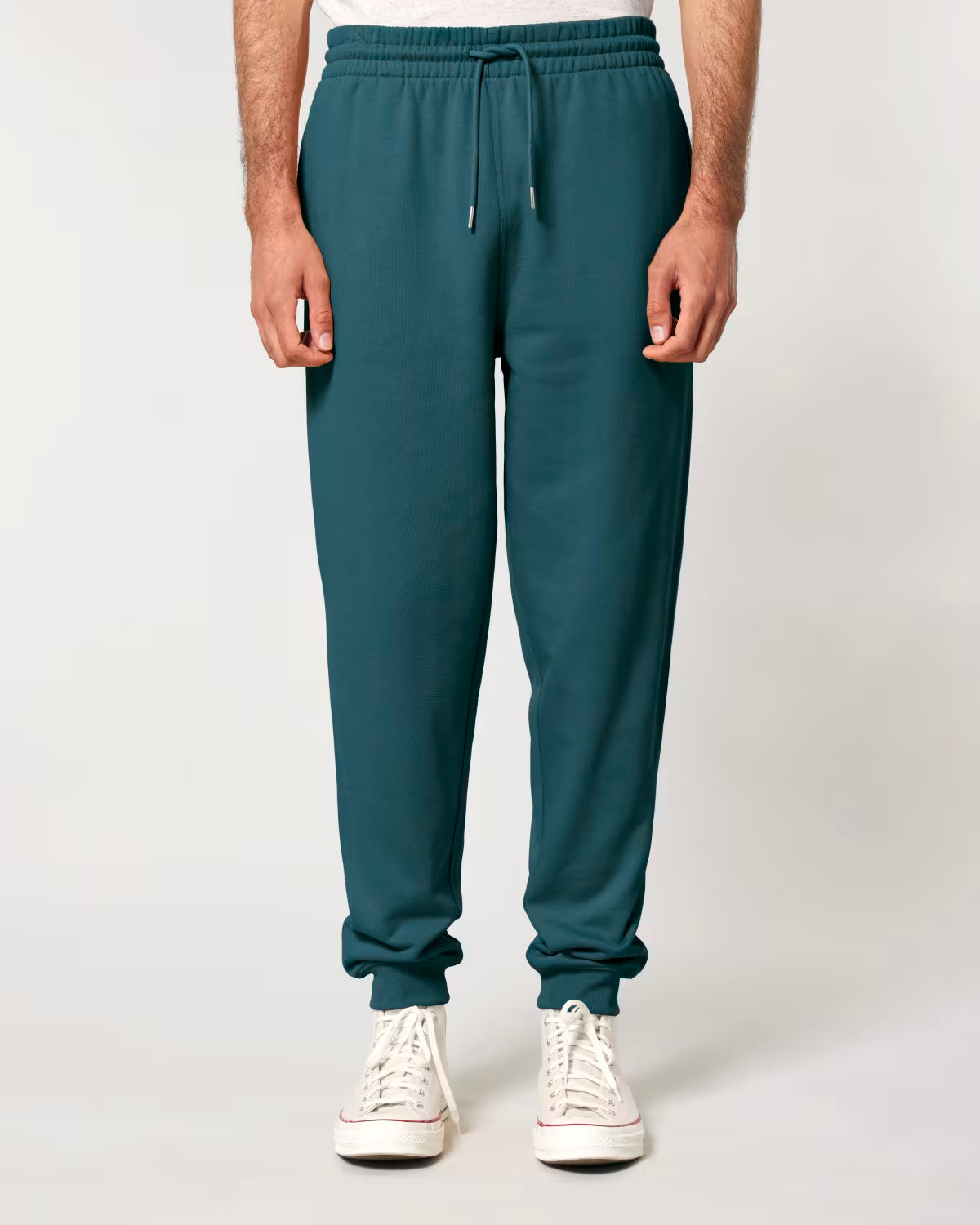 women’s deep green jogger pants front view, organic cotton eco-friendly merch