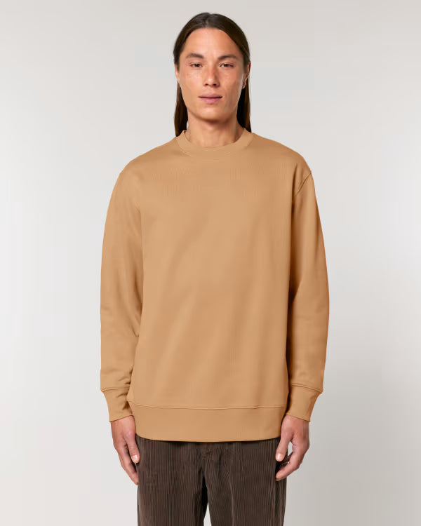 camel brown unisex crewneck sweatshirt on model, relaxed fit