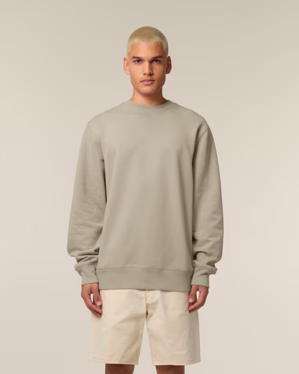 sand beige unisex crewneck sweatshirt on model, relaxed fit